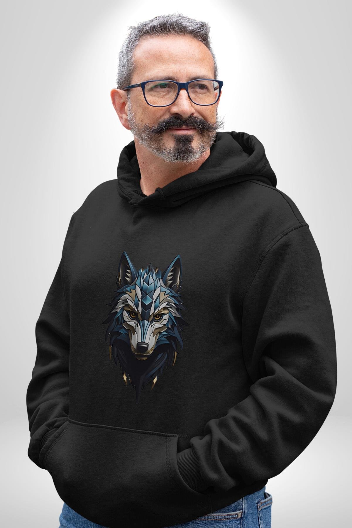 Mavi Kurt Robot  Kadın Erkek Çocuk Siyah Kapüşonlu Sweatshirt Hoodie