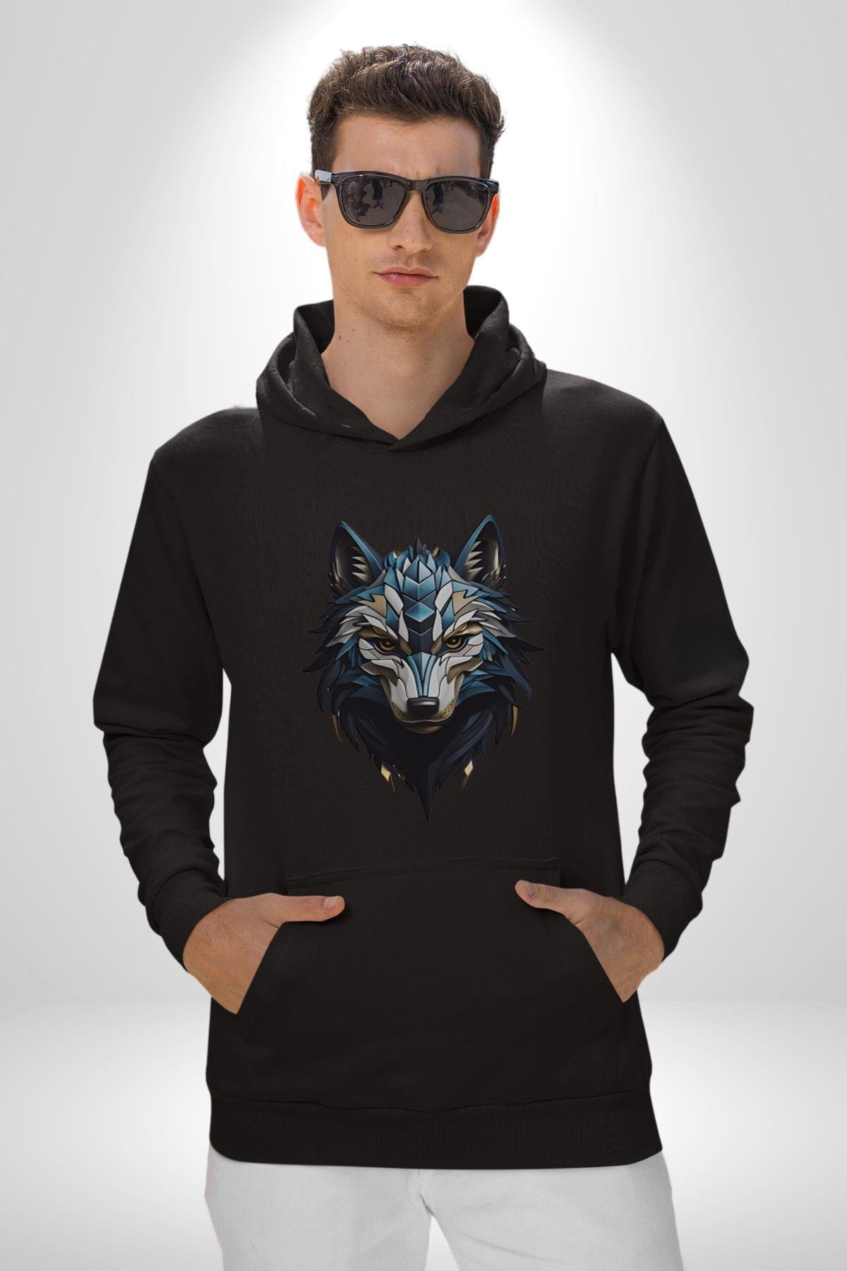 Mavi Kurt Robot  Kadın Erkek Çocuk Siyah Kapüşonlu Sweatshirt Hoodie