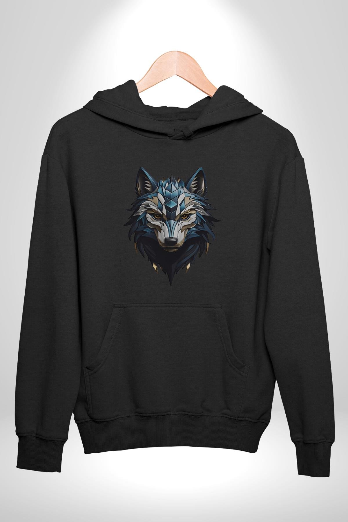 Mavi Kurt Robot  Kadın Erkek Çocuk Siyah Kapüşonlu Sweatshirt Hoodie