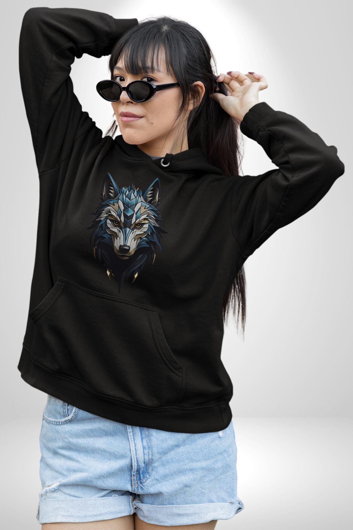 Mavi Kurt Robot  Kadın Erkek Çocuk Siyah Kapüşonlu Sweatshirt Hoodie