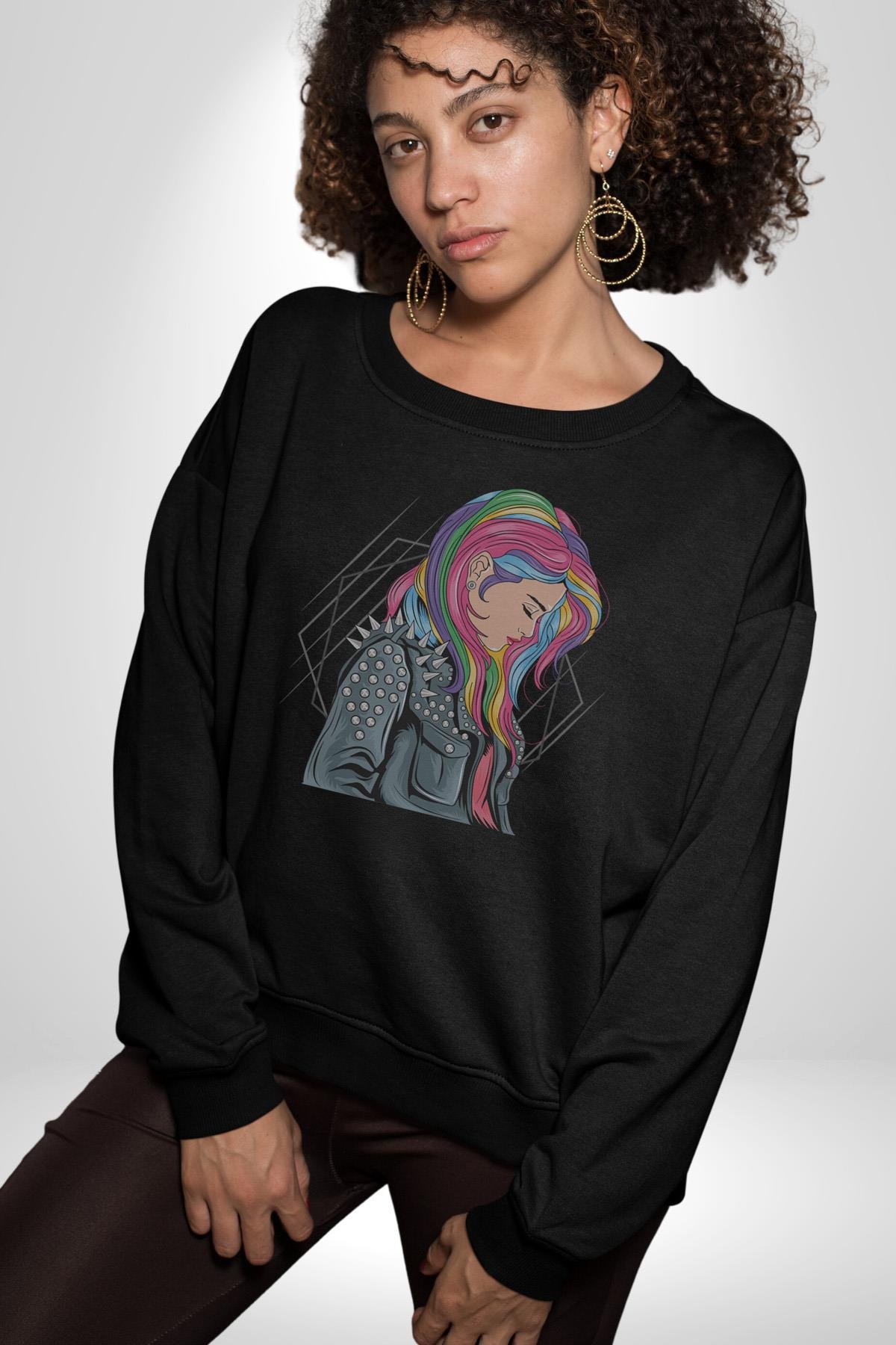 Metal Müzik Çeket Kadın Erkek Çocuk Siyah Baskılı Sweatshirt 