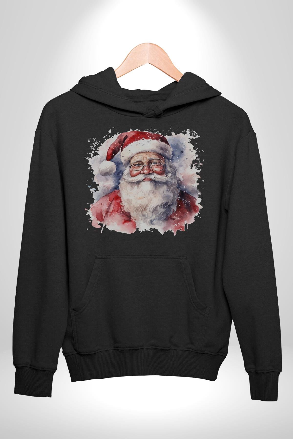 Mutlu Noel Baba Yeni Yıl Tasarımı Kadın Erkek Çocuk Siyah Kapüşonlu Sweatshirt Hoodie