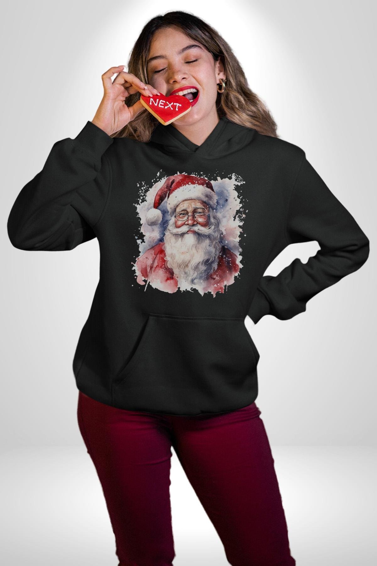 Mutlu Noel Baba Yeni Yıl Tasarımı Kadın Erkek Çocuk Siyah Kapüşonlu Sweatshirt Hoodie