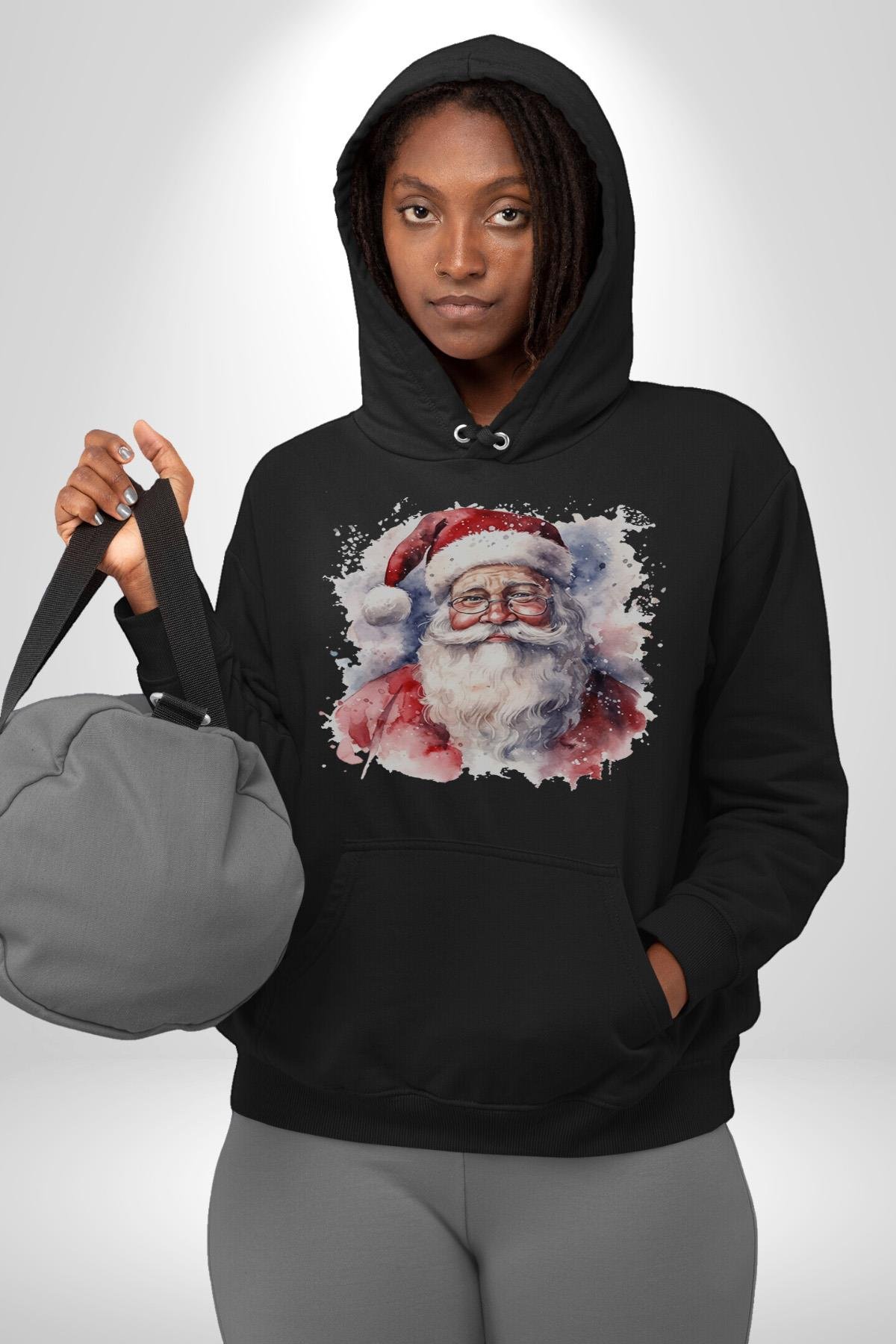 Mutlu Noel Baba Yeni Yıl Tasarımı Kadın Erkek Çocuk Siyah Kapüşonlu Sweatshirt Hoodie