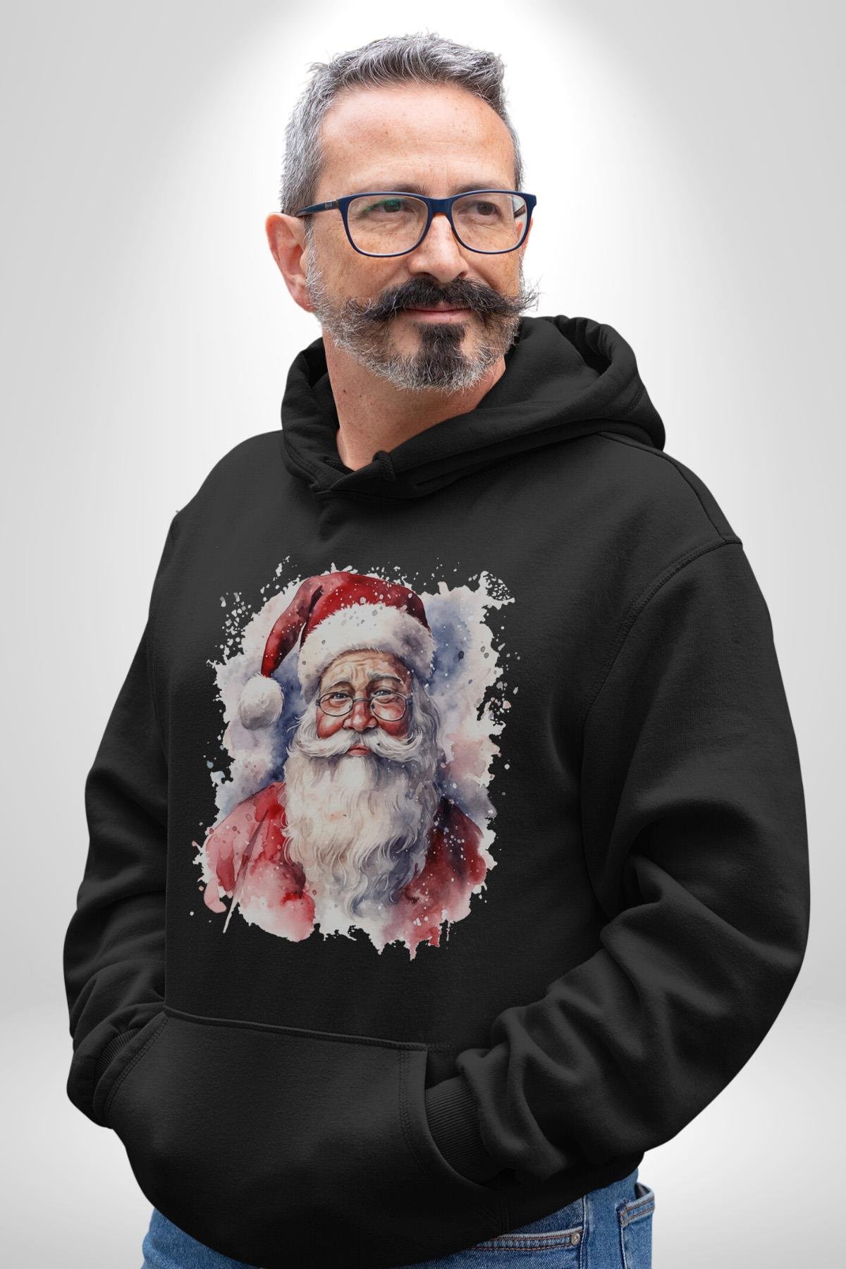 Mutlu Noel Baba Yeni Yıl Tasarımı Kadın Erkek Çocuk Siyah Kapüşonlu Sweatshirt Hoodie