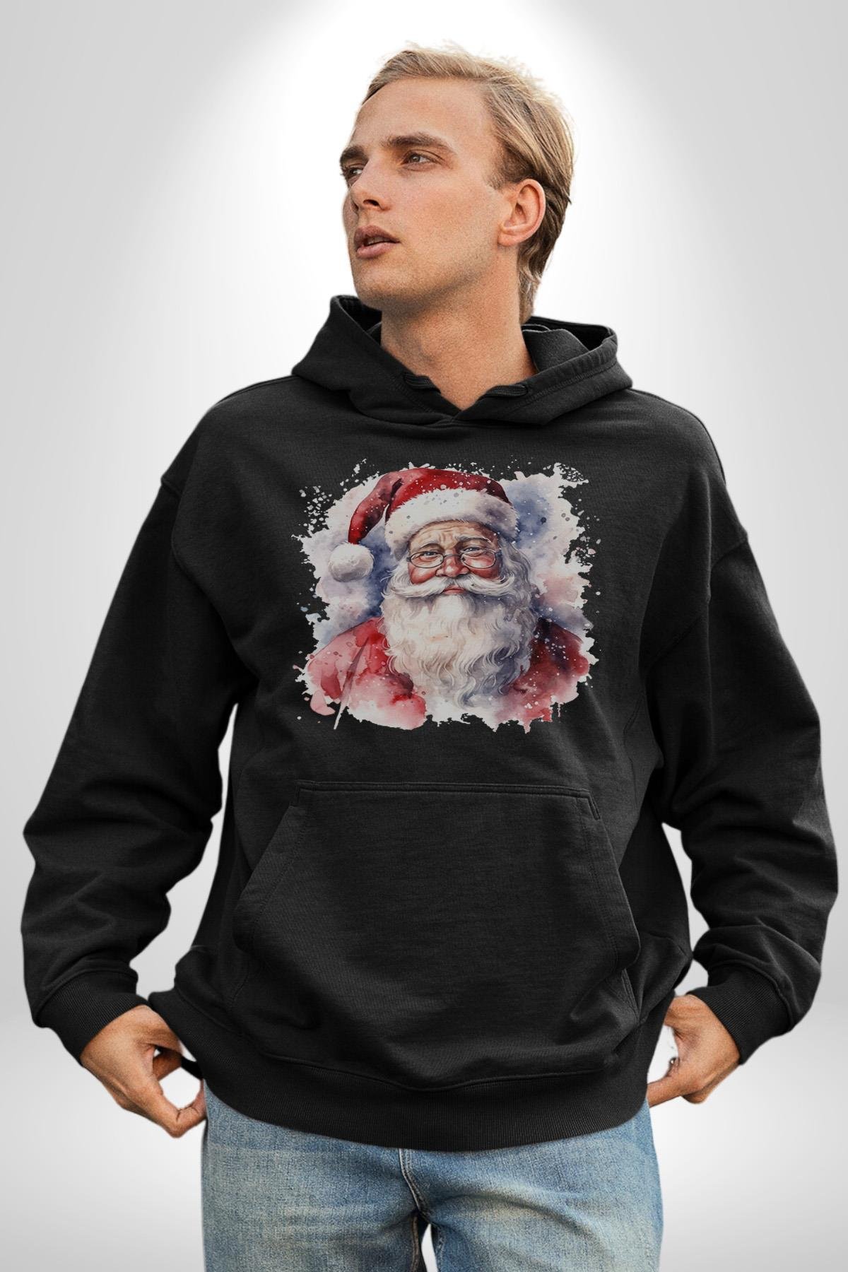 Mutlu Noel Baba Yeni Yıl Tasarımı Kadın Erkek Çocuk Siyah Kapüşonlu Sweatshirt Hoodie