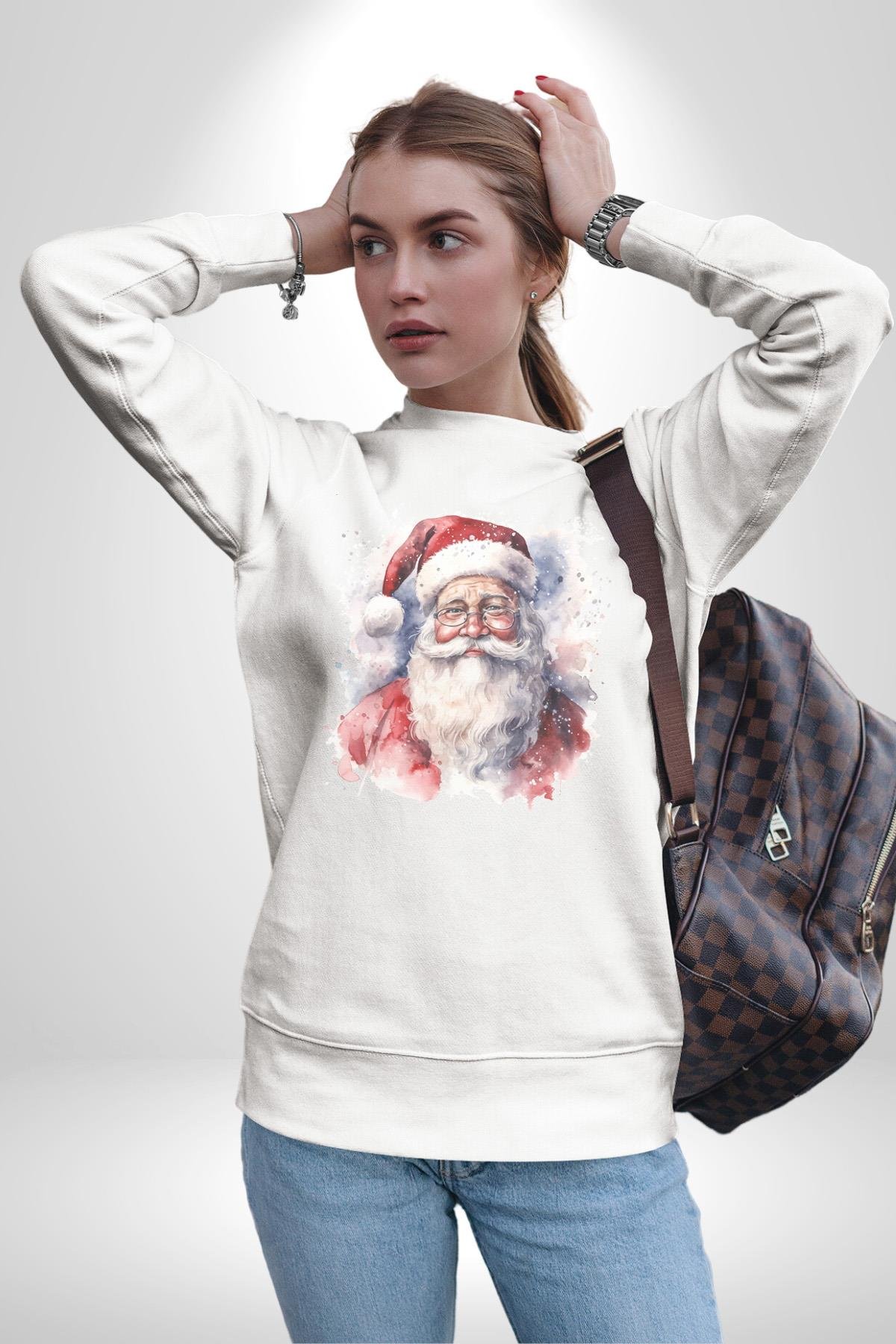 Mutlu Noel Baba Yeni Yıl Tasarımı Kadın Erkek  Beyaz Baskılı Sweatshirt 