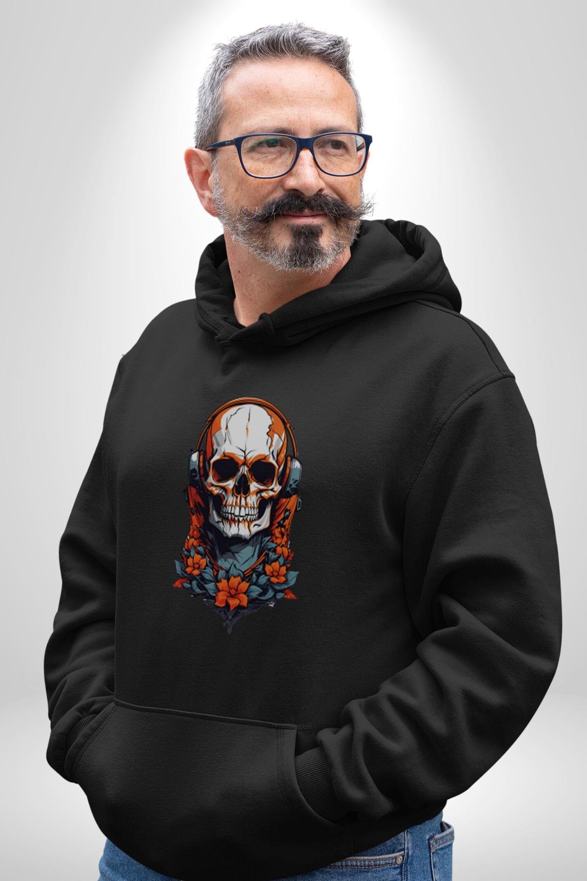 Müzik Kulaklık Takan Kurukafa Kırmızı Gül Kadın Erkek Çocuk Siyah Kapüşonlu Sweatshirt Hoodie