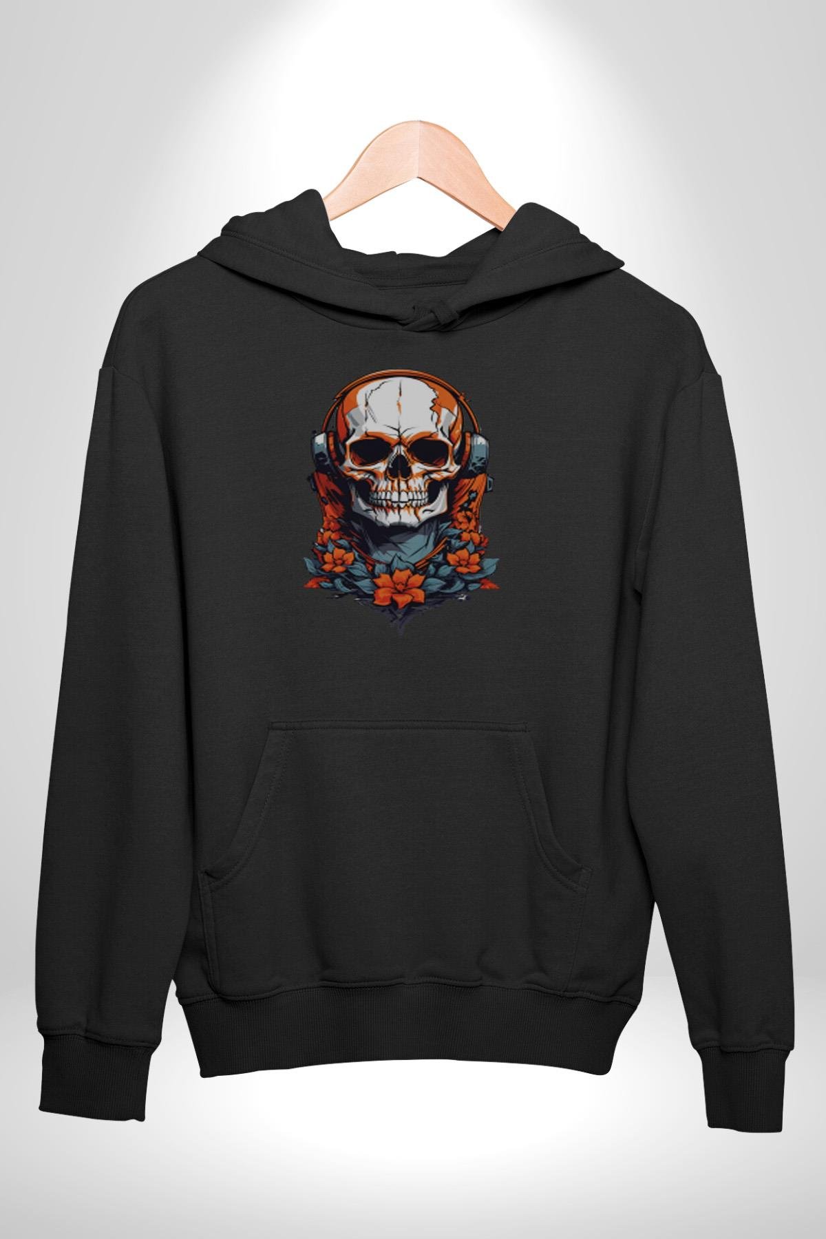 Müzik Kulaklık Takan Kurukafa Kırmızı Gül Kadın Erkek Çocuk Siyah Kapüşonlu Sweatshirt Hoodie