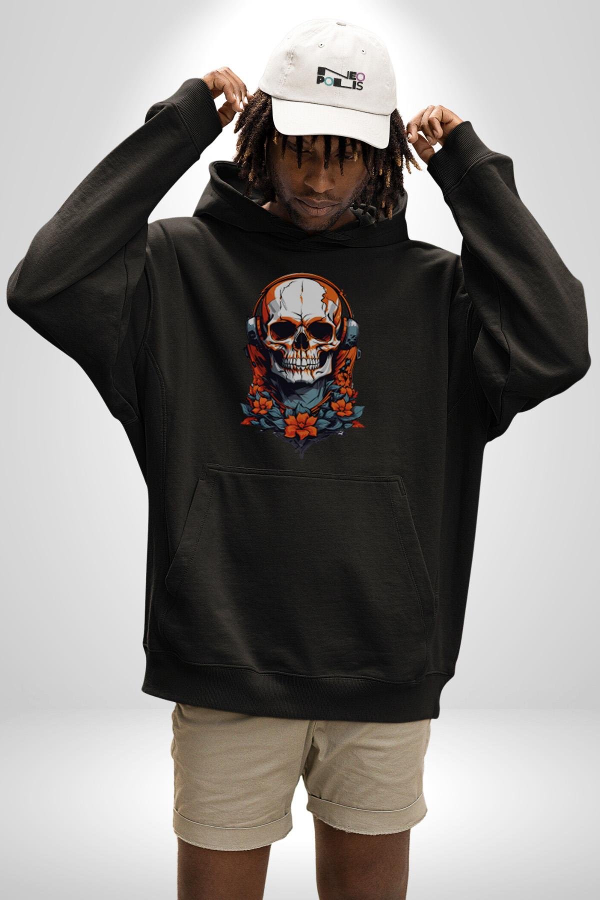 Müzik Kulaklık Takan Kurukafa Kırmızı Gül Kadın Erkek Çocuk Siyah Kapüşonlu Sweatshirt Hoodie