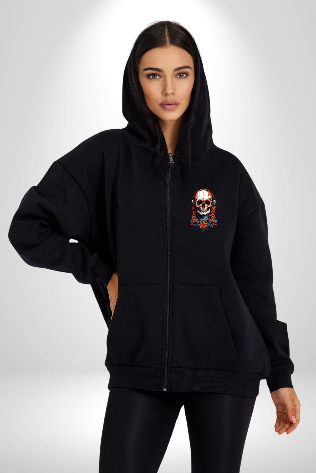 Müzik Kulaklık Takan Kurukafa Kırmızı Gül Kadın Erkek Siyah Renk Kapüşonlu Kanguru Cepli  Fermuarlı Pamuklu Oversize Dijital Baskılı Hırka Sweatshirt