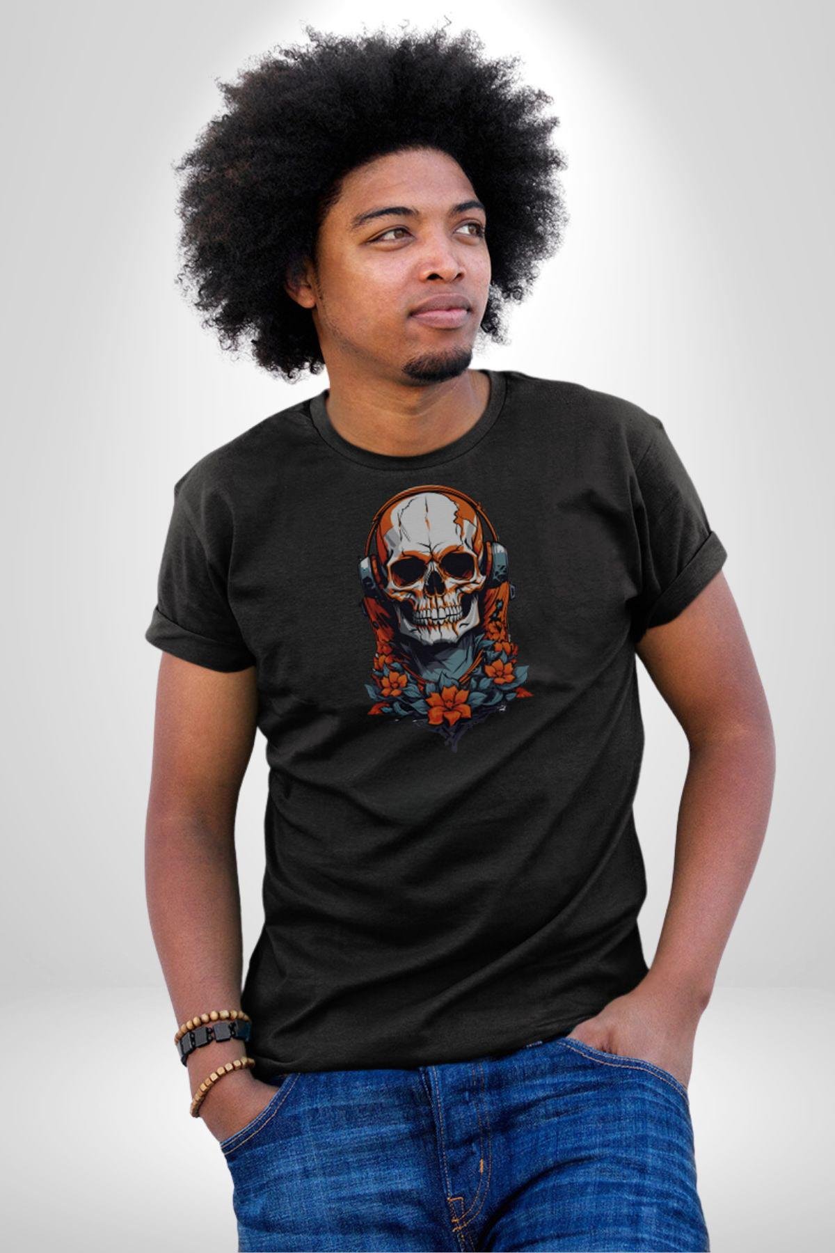 Müzik Kulaklık Takan Kurukafa Kırmızı Gül Kadın Erkek Unisex Siyah Organik Baskılı T-Shirt
