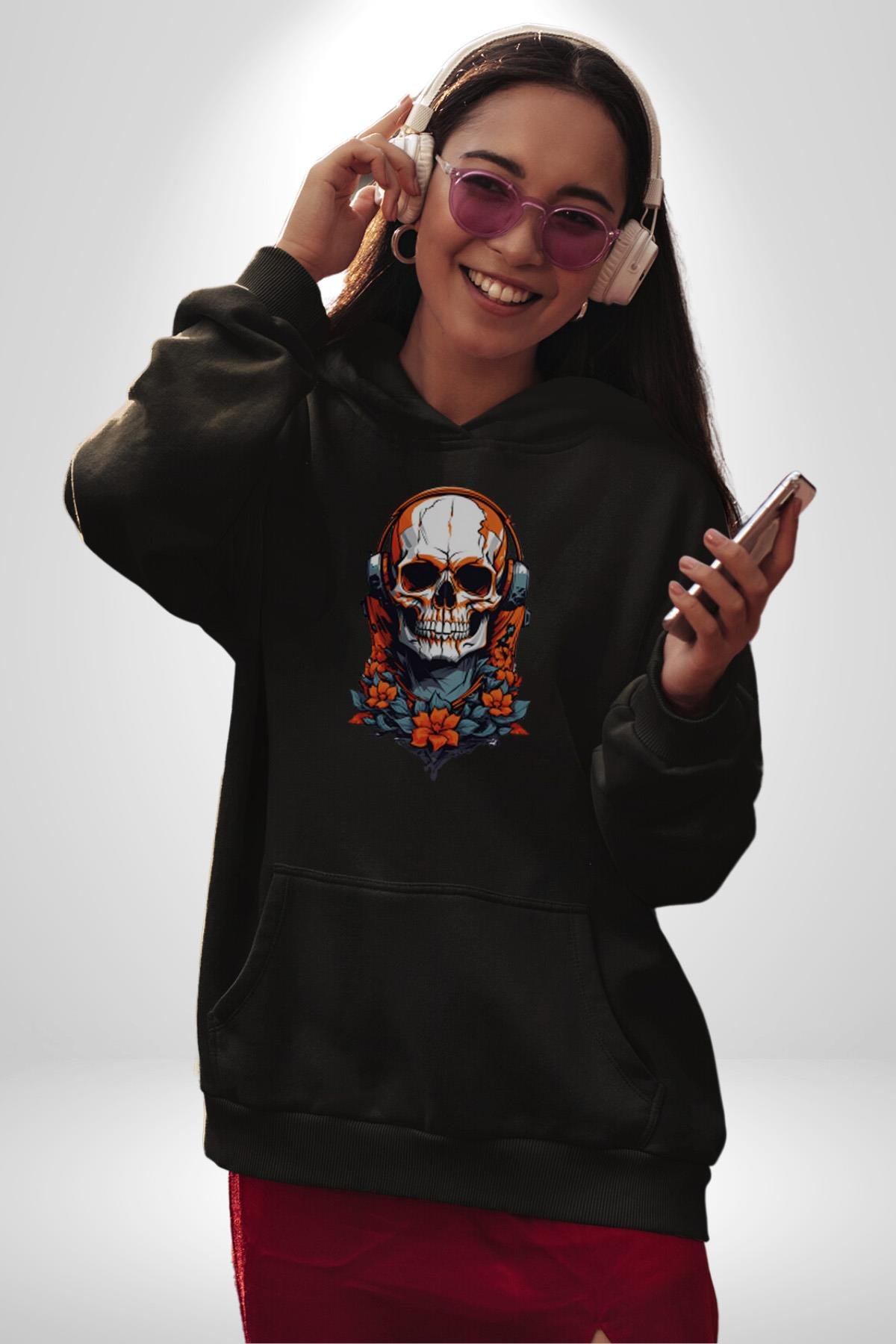 Müzik Kulaklık Takan Kurukafa Kırmızı Gül Kadın Erkek Çocuk Siyah Kapüşonlu Sweatshirt Hoodie