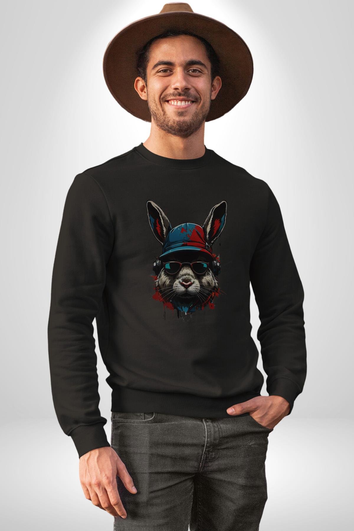 Müzik Şapka Gözlük Takan Tavşan Kadın Erkek Çocuk Siyah Baskılı Sweatshirt 
