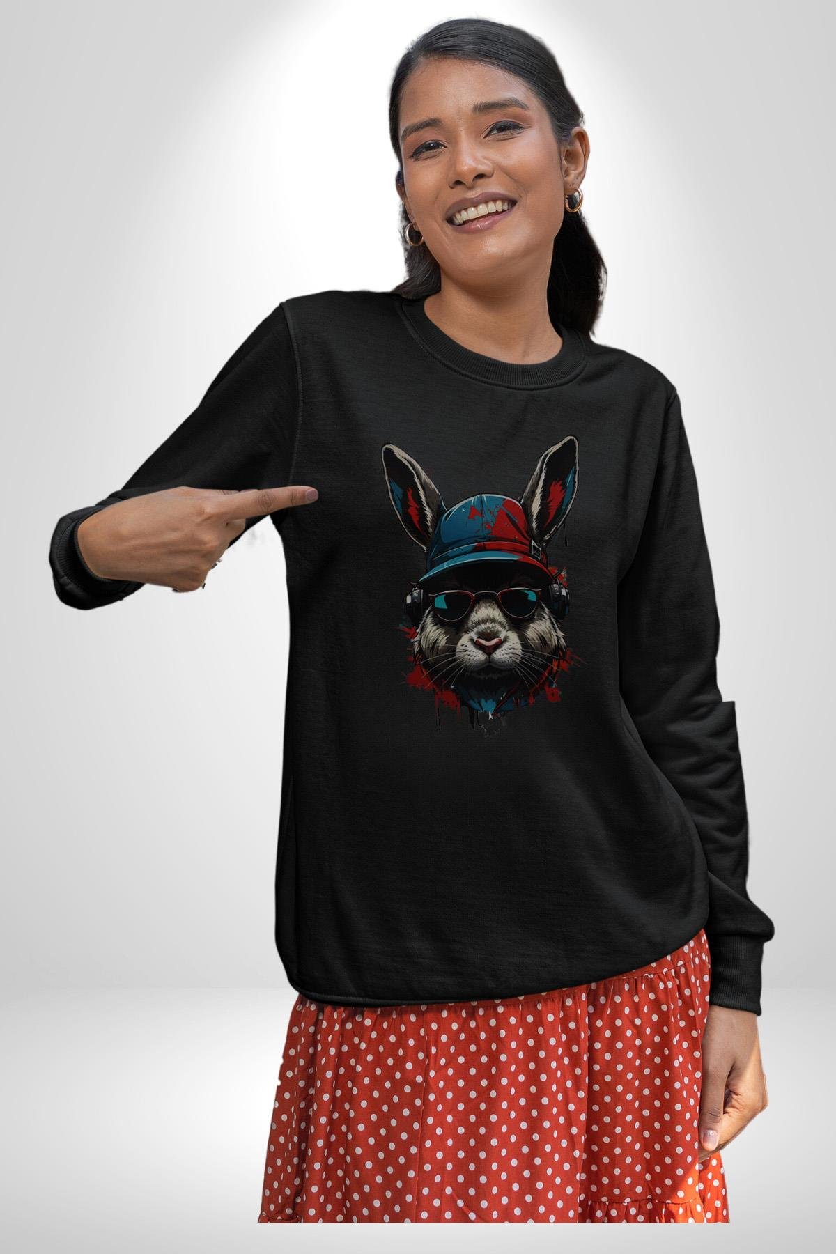 Müzik Şapka Gözlük Takan Tavşan Kadın Erkek Çocuk Siyah Baskılı Sweatshirt 