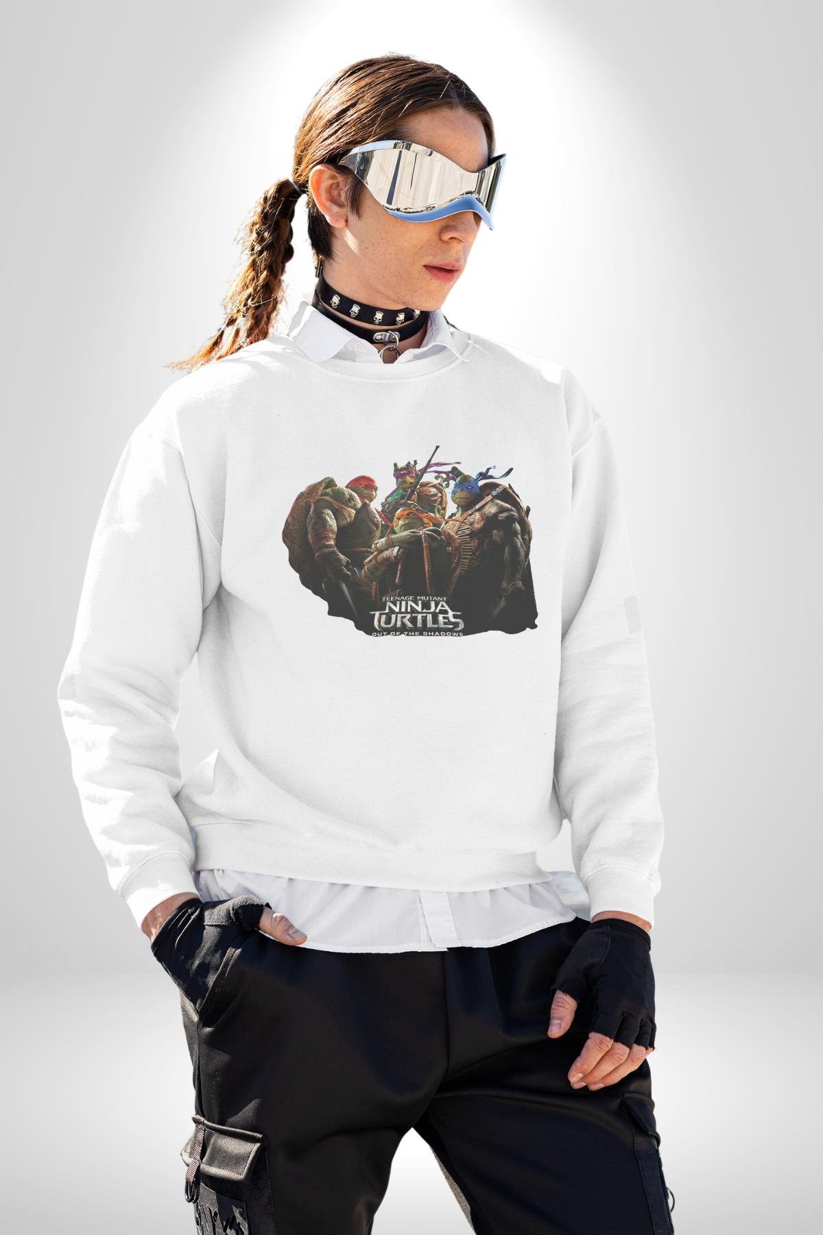 Ninja Kaplumbağa Kadın Erkek Çocuk Beyaz Baskılı Sweatshirt 