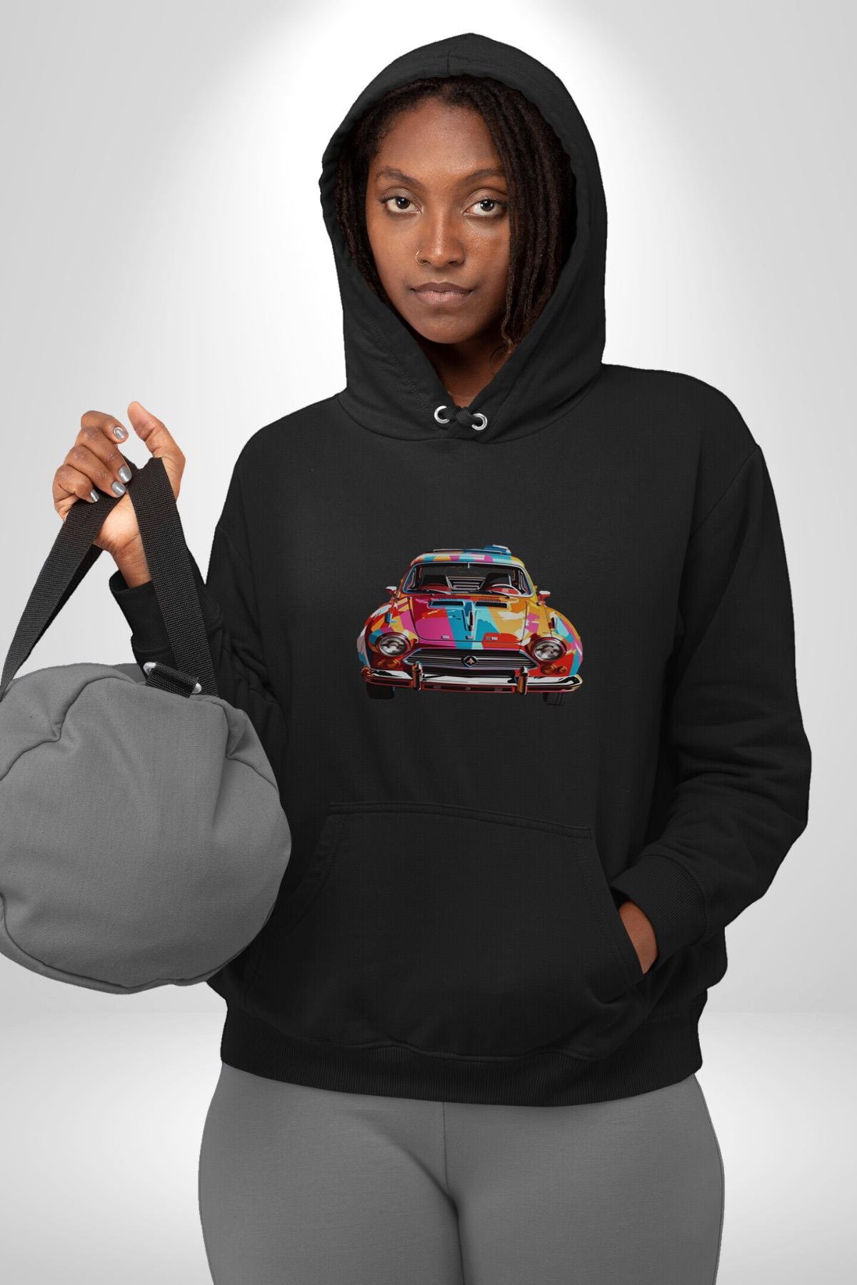 Peugeot 144 Renkli Orijinal Araba  Kadın Erkek Çocuk Siyah Kapüşonlu Sweatshirt Hoodie