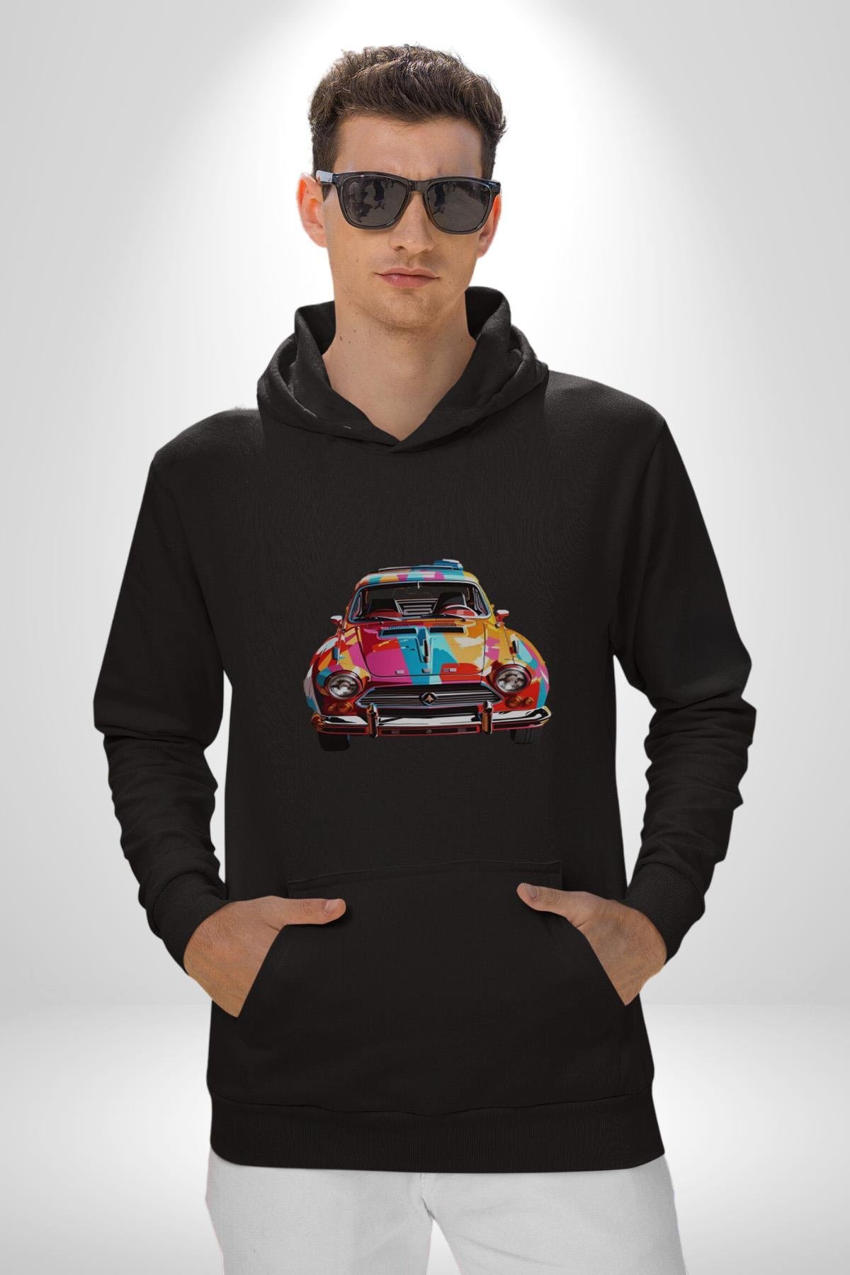 Peugeot 144 Renkli Orijinal Araba  Kadın Erkek Çocuk Siyah Kapüşonlu Sweatshirt Hoodie