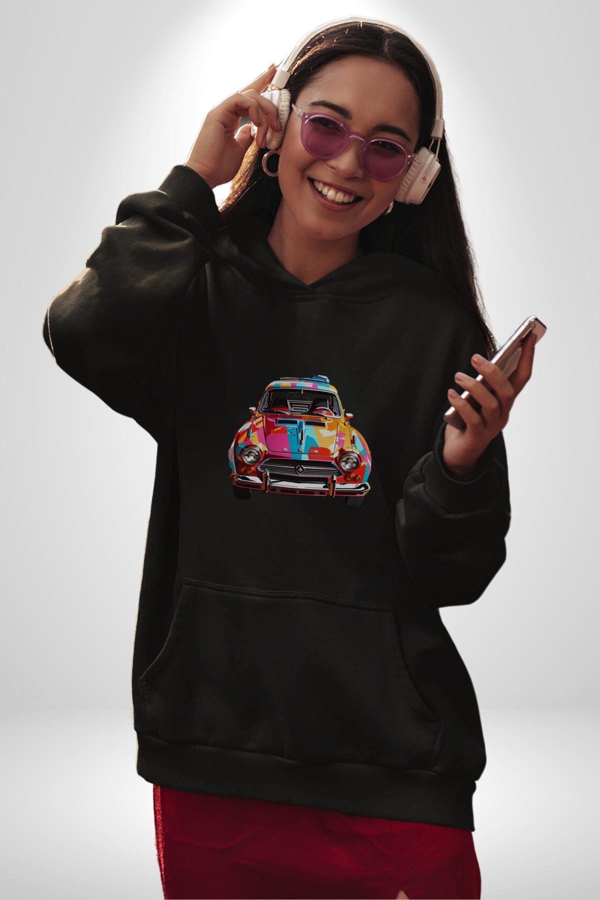 Peugeot 144 Renkli Orijinal Araba  Kadın Erkek Çocuk Siyah Kapüşonlu Sweatshirt Hoodie