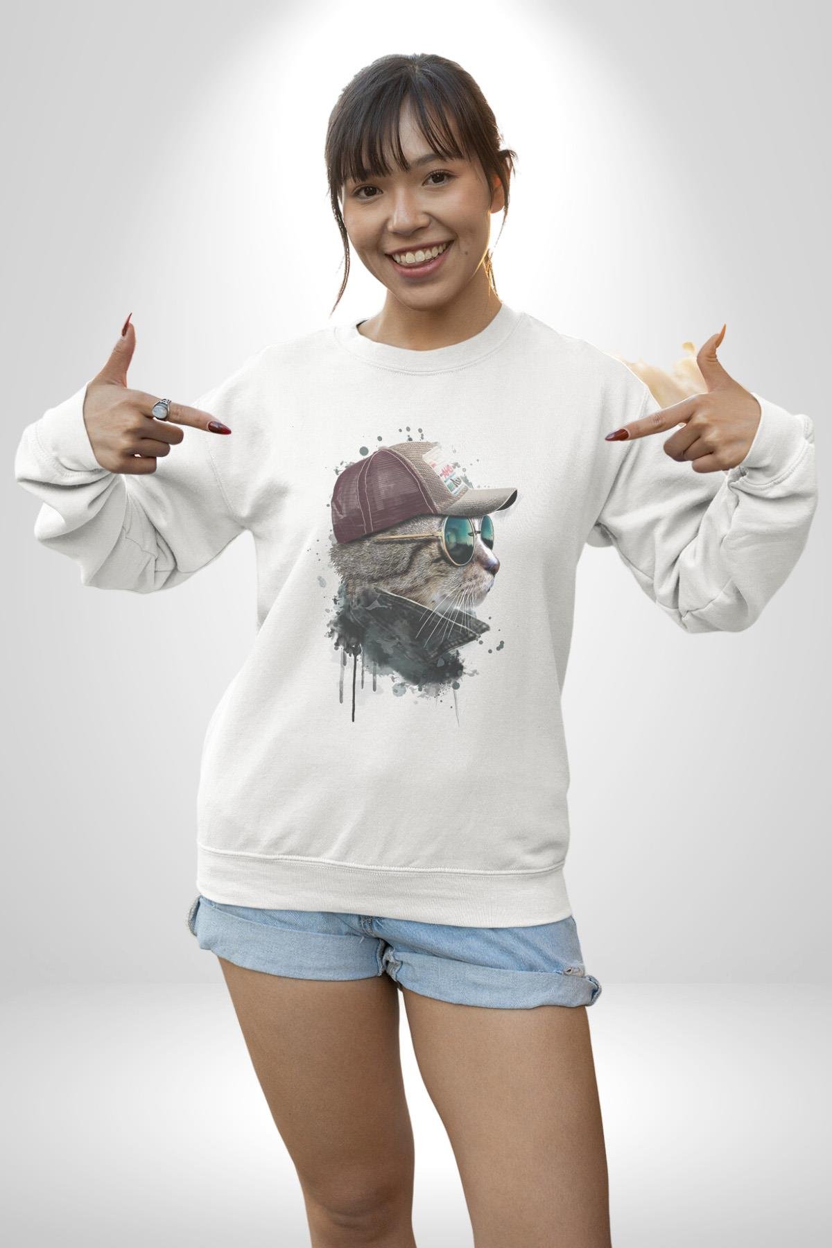 Pilot Çeketli Deri Şapkalı Cool Kedi Kadın Erkek  Beyaz Baskılı Sweatshirt 