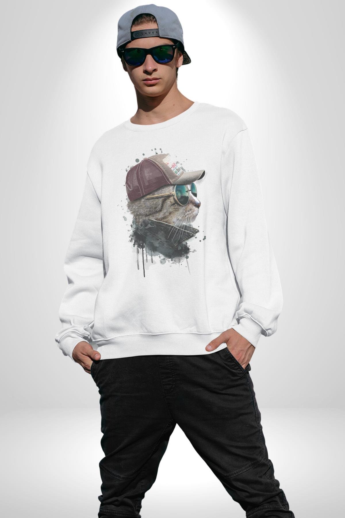 Pilot Çeketli Deri Şapkalı Cool Kedi Kadın Erkek  Beyaz Baskılı Sweatshirt 