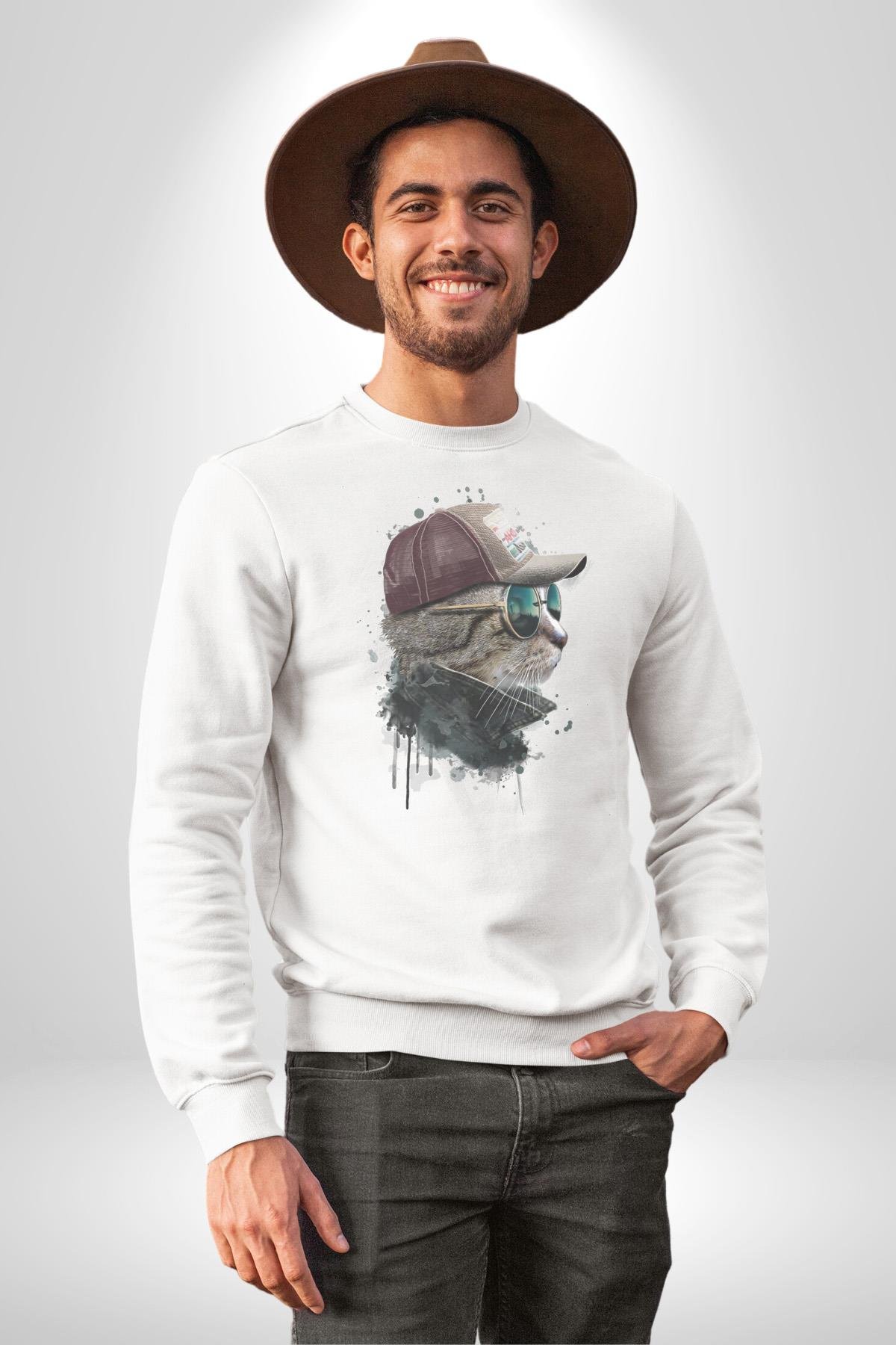 Pilot Çeketli Deri Şapkalı Cool Kedi Kadın Erkek  Beyaz Baskılı Sweatshirt 