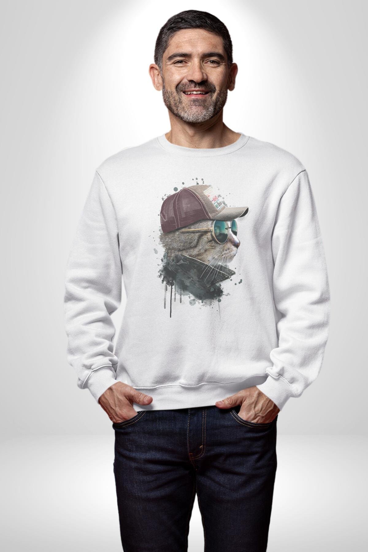 Pilot Çeketli Deri Şapkalı Cool Kedi Kadın Erkek  Beyaz Baskılı Sweatshirt 