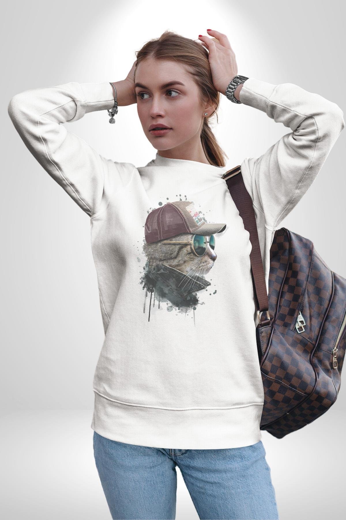 Pilot Çeketli Deri Şapkalı Cool Kedi Kadın Erkek  Beyaz Baskılı Sweatshirt 