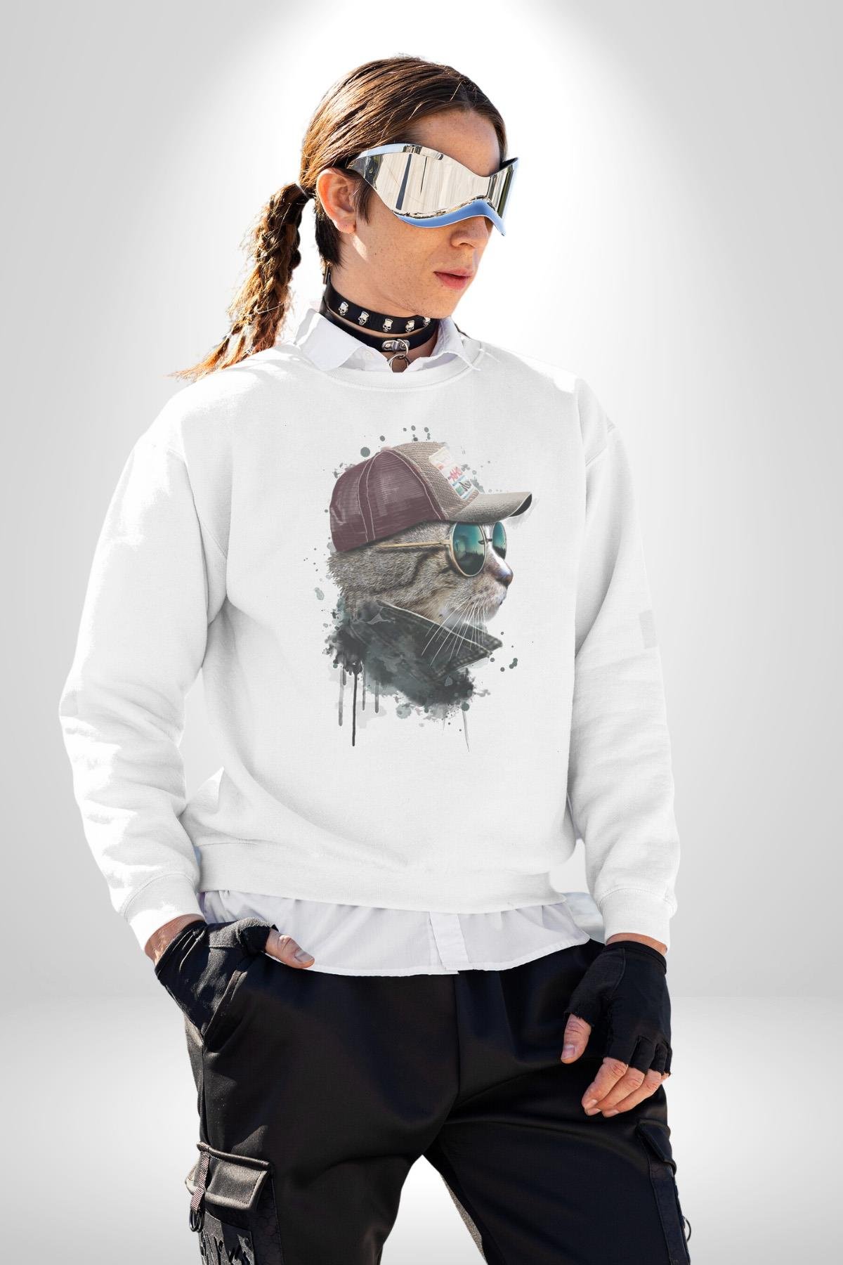 Pilot Çeketli Deri Şapkalı Cool Kedi Kadın Erkek  Beyaz Baskılı Sweatshirt 