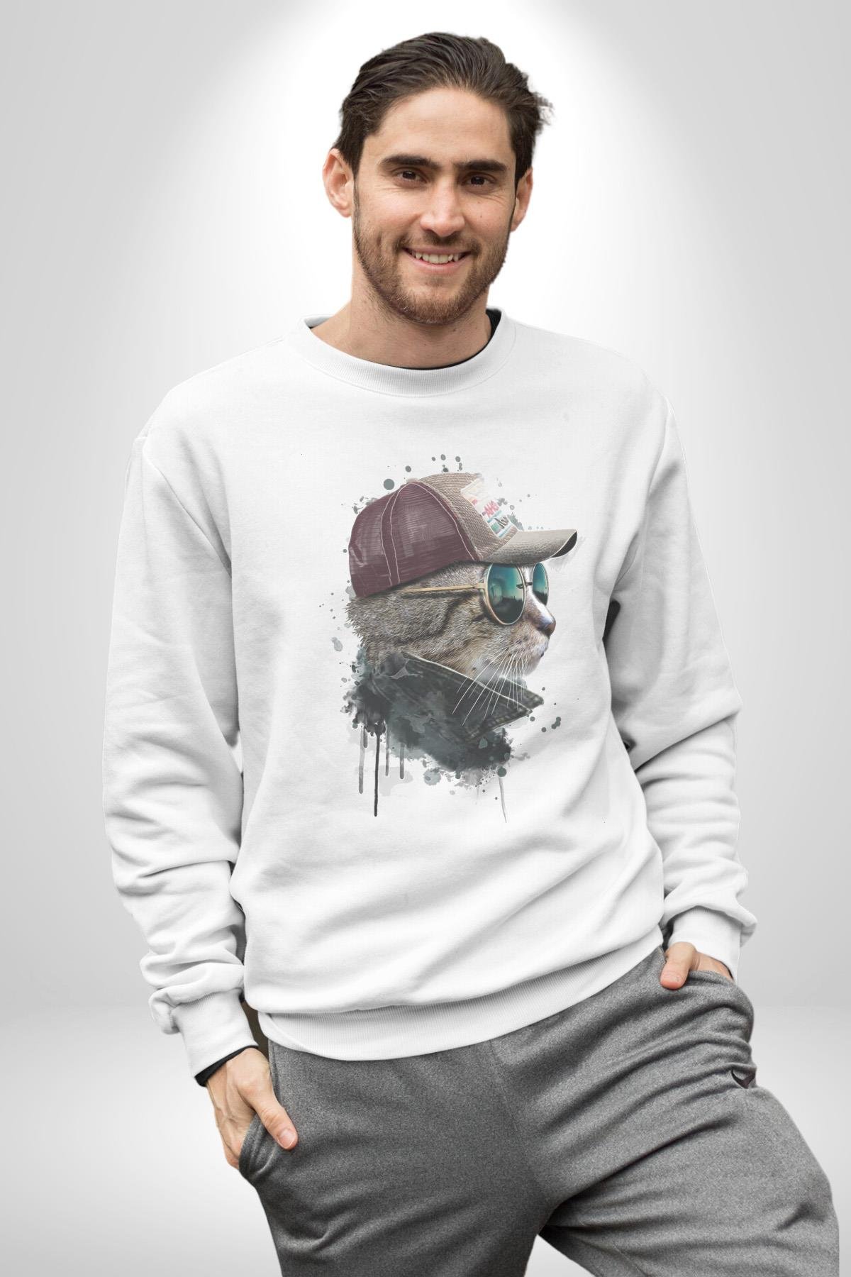 Pilot Çeketli Deri Şapkalı Cool Kedi Kadın Erkek  Beyaz Baskılı Sweatshirt 