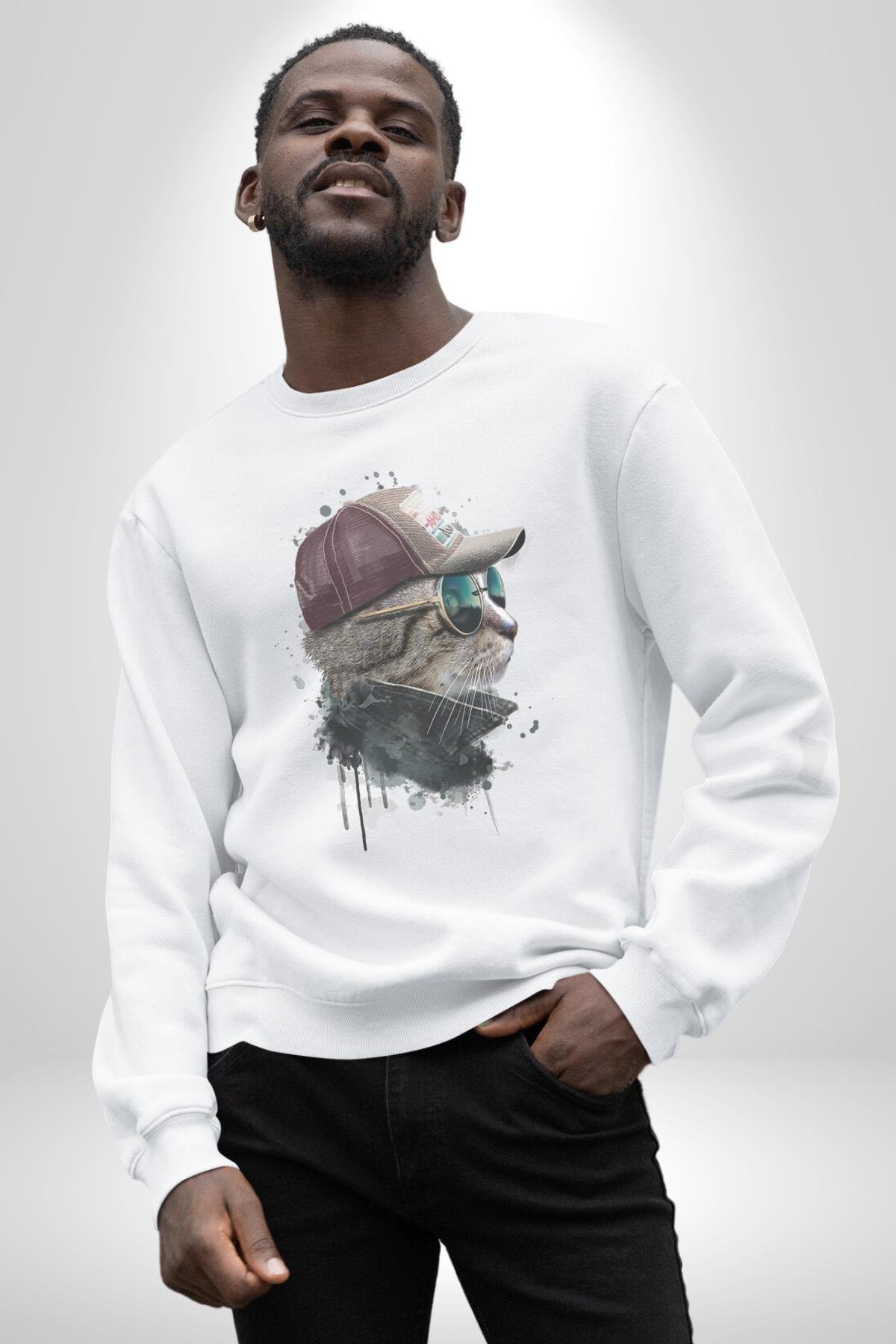 Pilot Çeketli Deri Şapkalı Cool Kedi Kadın Erkek  Beyaz Baskılı Sweatshirt 