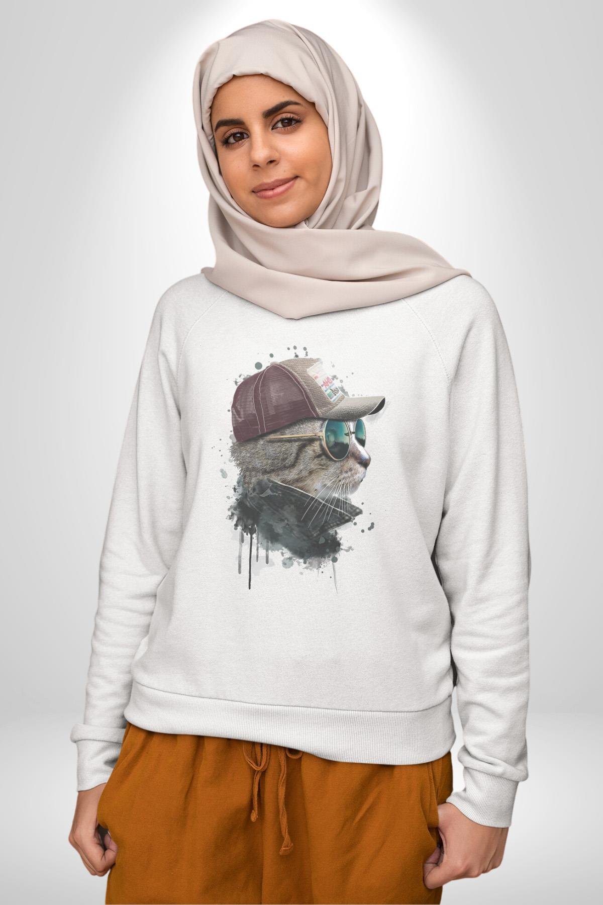 Pilot Çeketli Deri Şapkalı Cool Kedi Kadın Erkek  Beyaz Baskılı Sweatshirt 