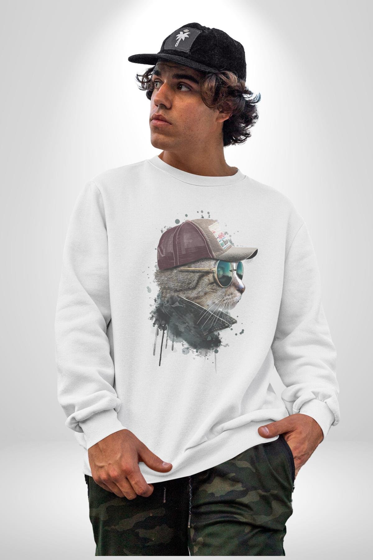 Pilot Çeketli Deri Şapkalı Cool Kedi Kadın Erkek  Beyaz Baskılı Sweatshirt 