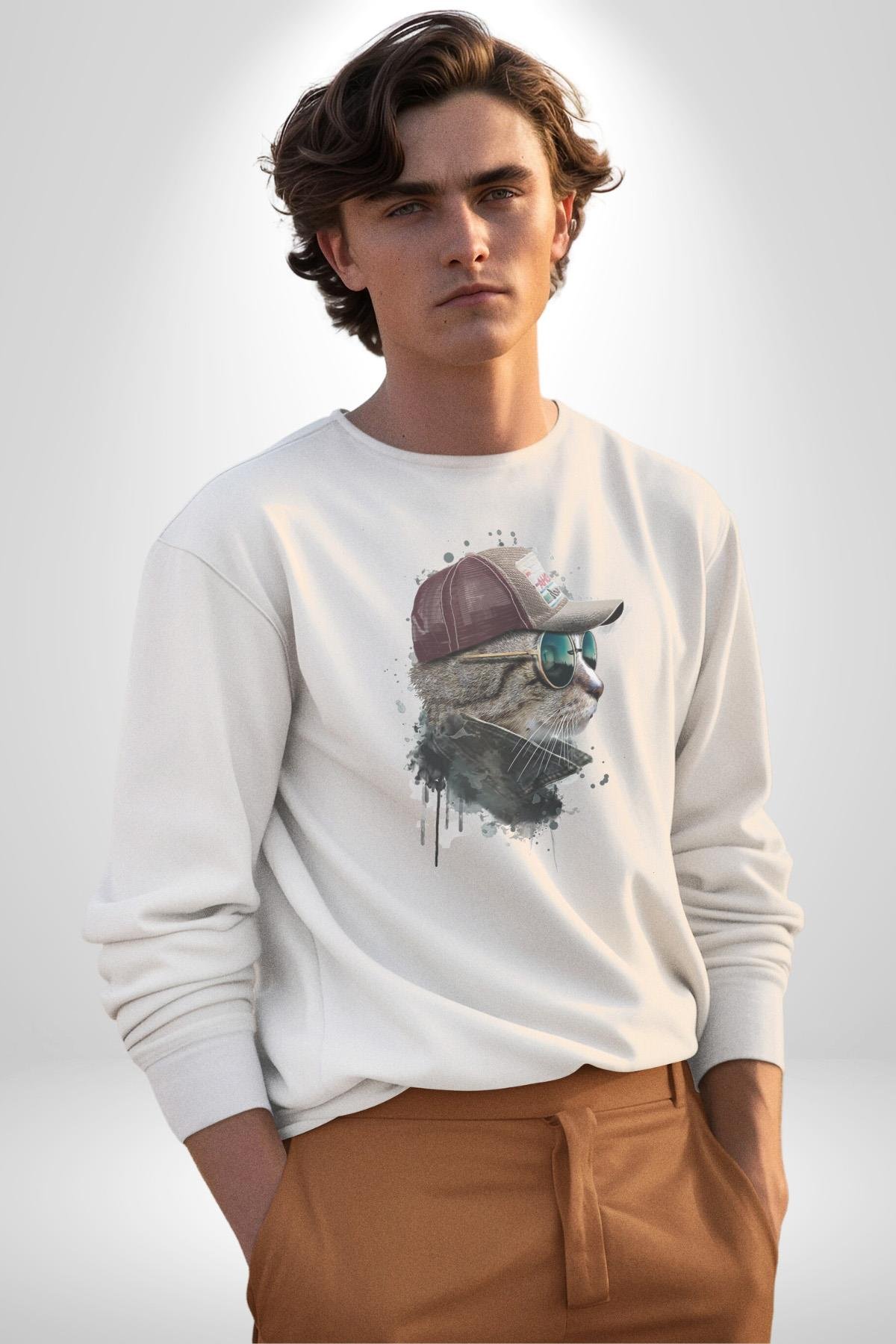 Pilot Çeketli Deri Şapkalı Cool Kedi Kadın Erkek  Beyaz Baskılı Sweatshirt 