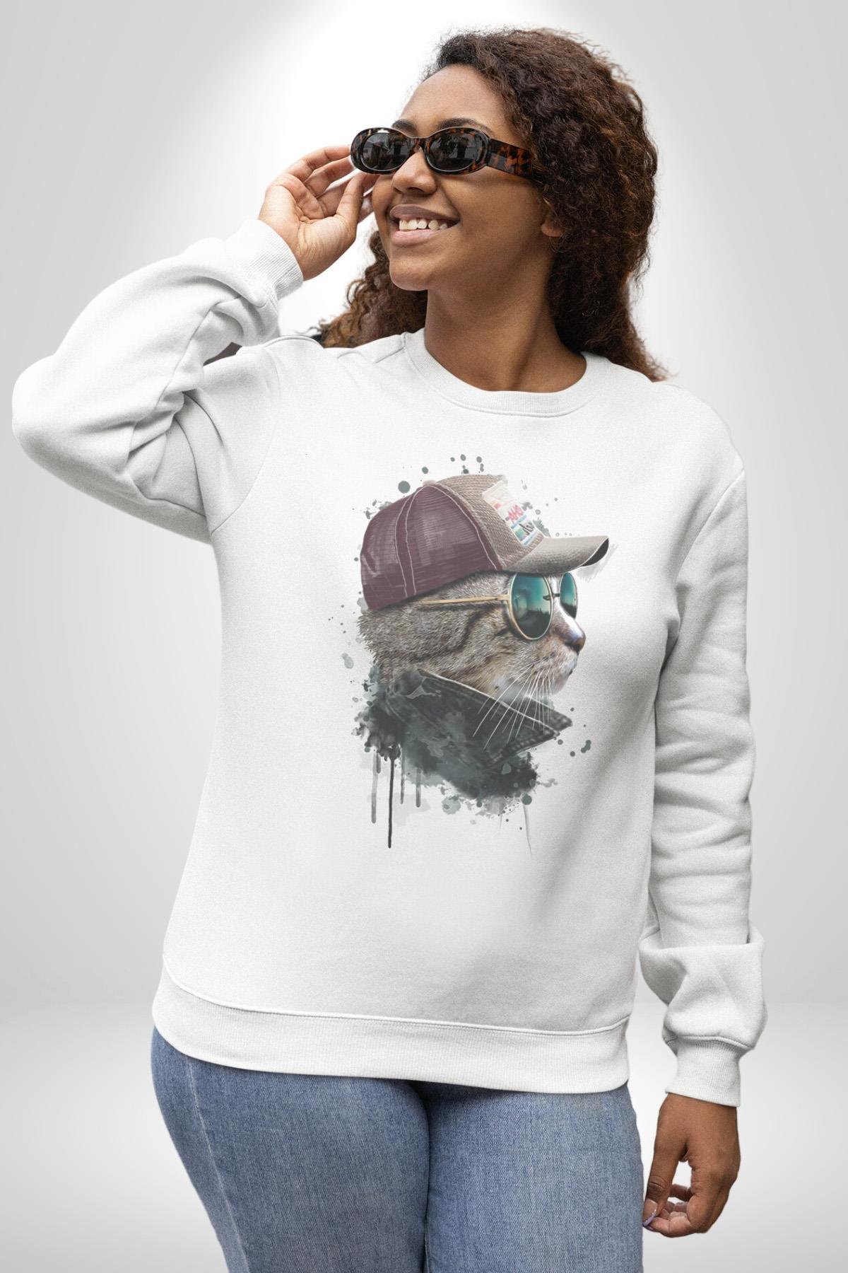 Pilot Çeketli Deri Şapkalı Cool Kedi Kadın Erkek  Beyaz Baskılı Sweatshirt 