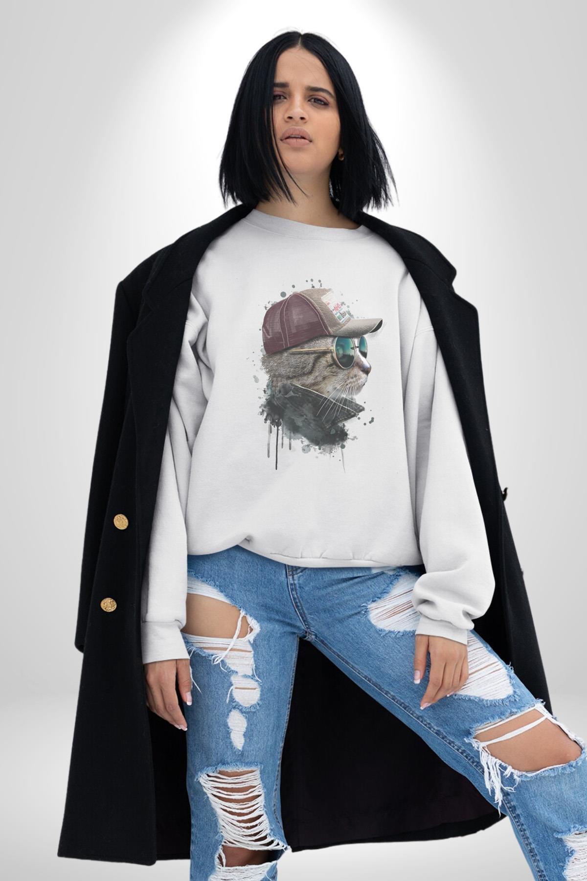 Pilot Çeketli Deri Şapkalı Cool Kedi Kadın Erkek  Beyaz Baskılı Sweatshirt 