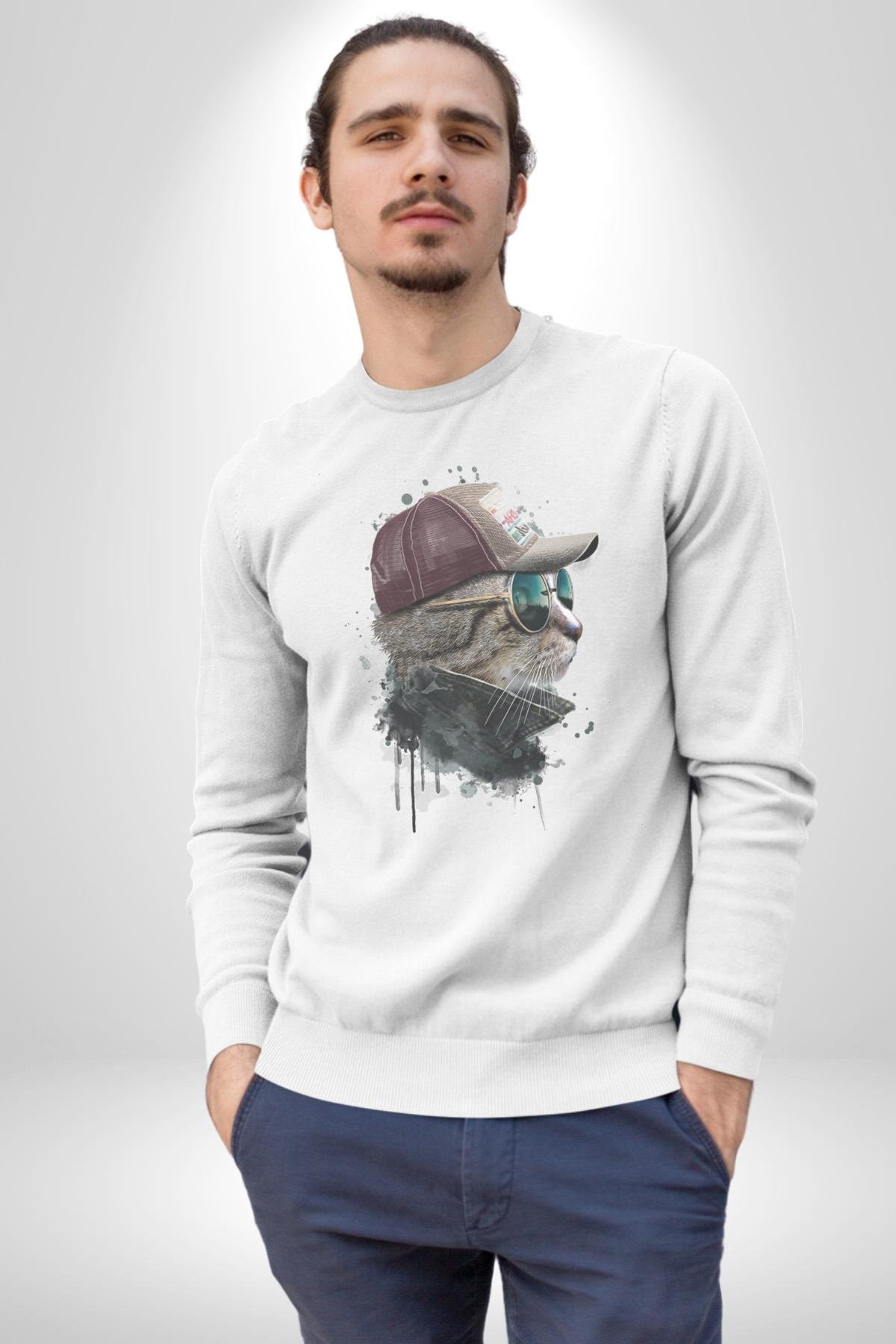 Pilot Çeketli Deri Şapkalı Cool Kedi Kadın Erkek  Beyaz Baskılı Sweatshirt 