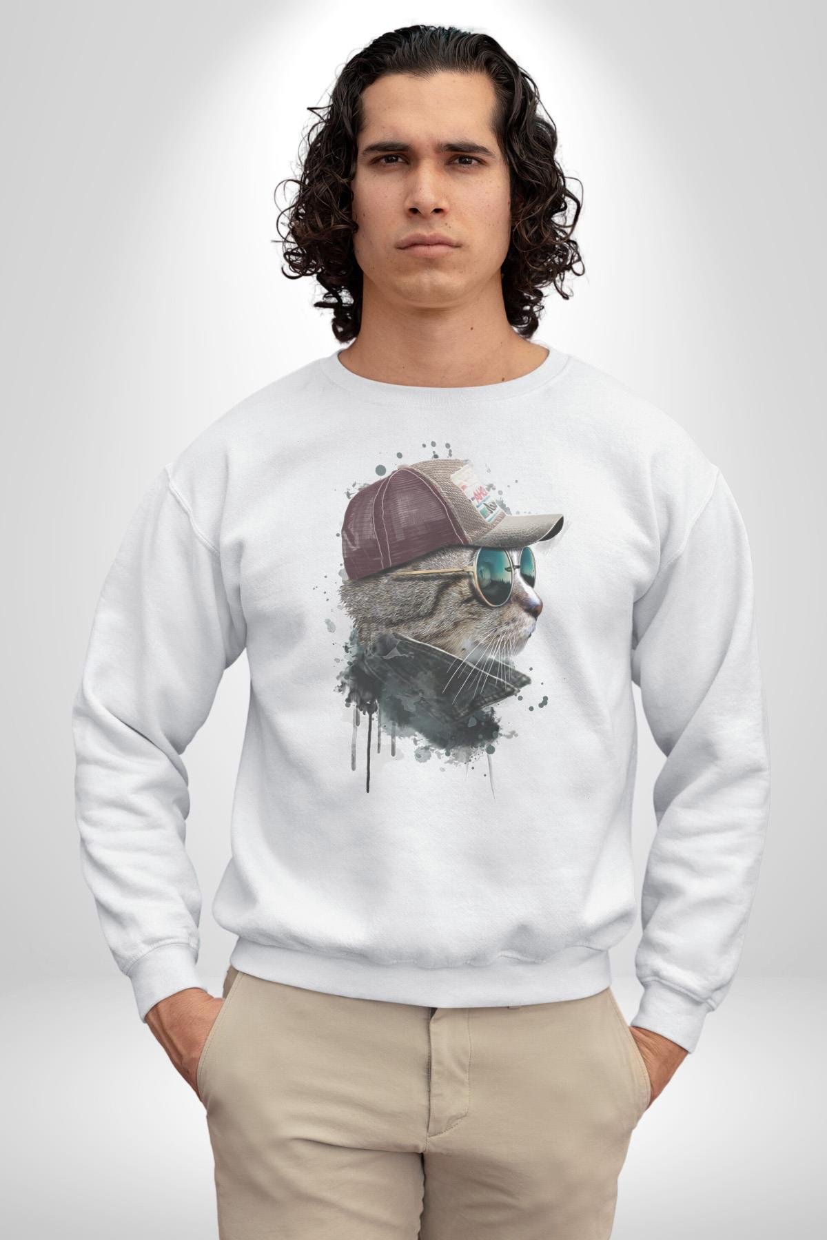 Pilot Çeketli Deri Şapkalı Cool Kedi Kadın Erkek  Beyaz Baskılı Sweatshirt 