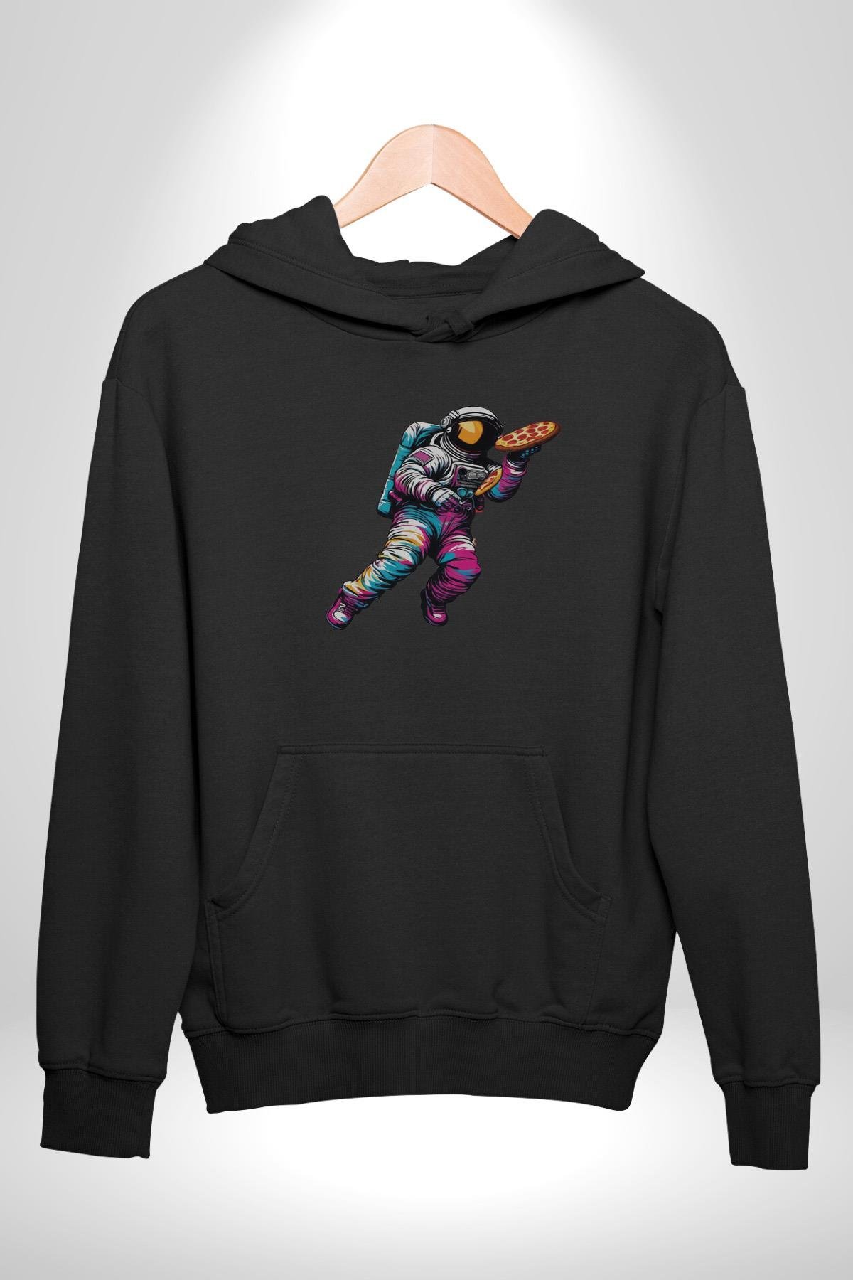 Pizza Servisi Uzay Kurye  Kadın Erkek Çocuk Siyah Kapüşonlu Sweatshirt Hoodie