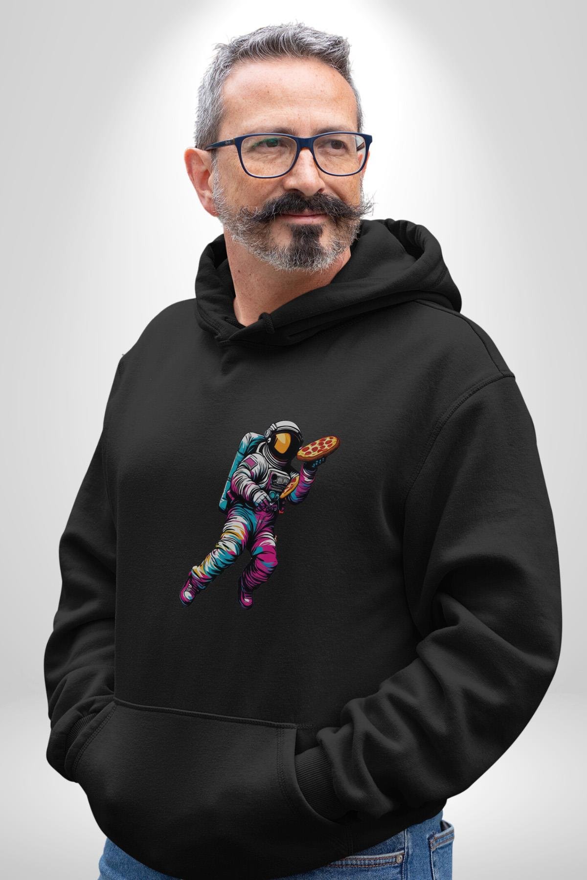 Pizza Servisi Uzay Kurye  Kadın Erkek Çocuk Siyah Kapüşonlu Sweatshirt Hoodie