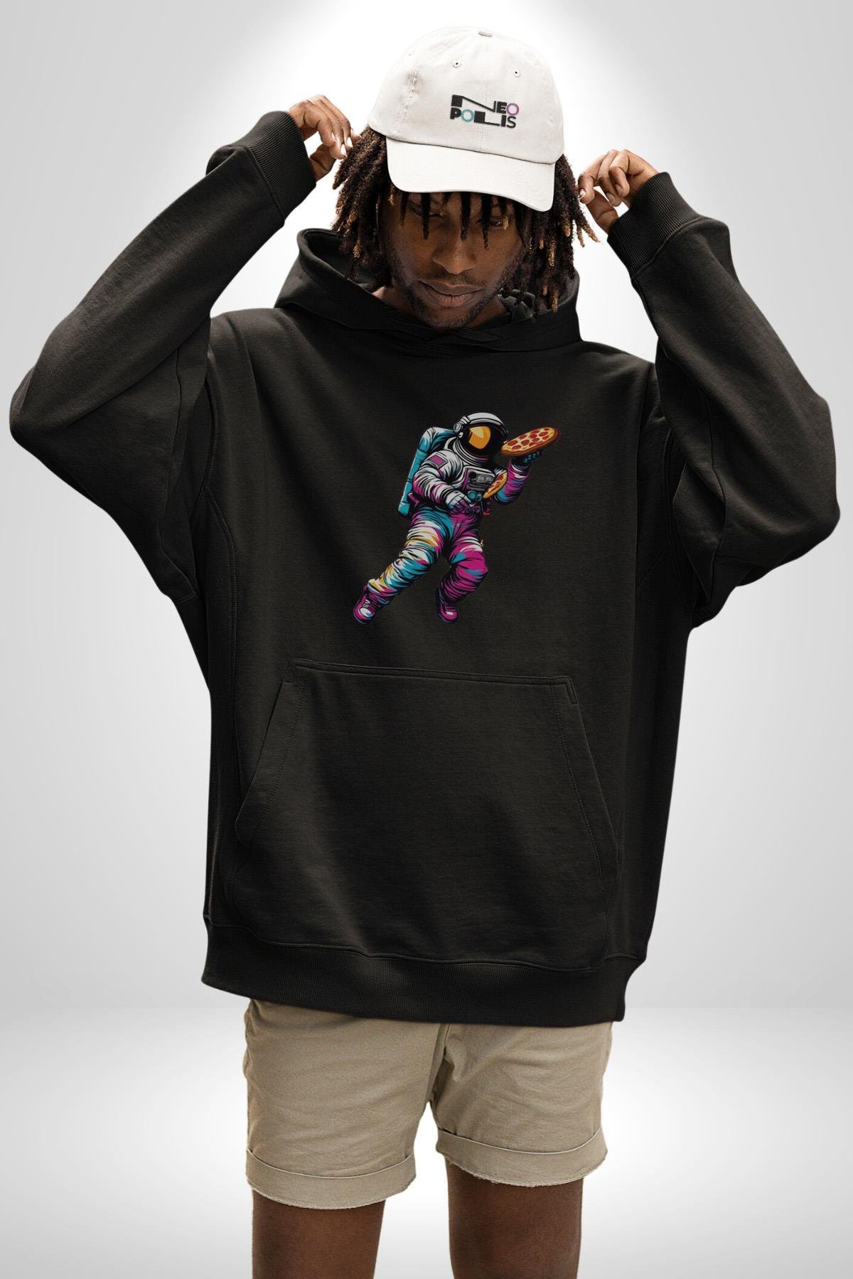 Pizza Servisi Uzay Kurye  Kadın Erkek Çocuk Siyah Kapüşonlu Sweatshirt Hoodie