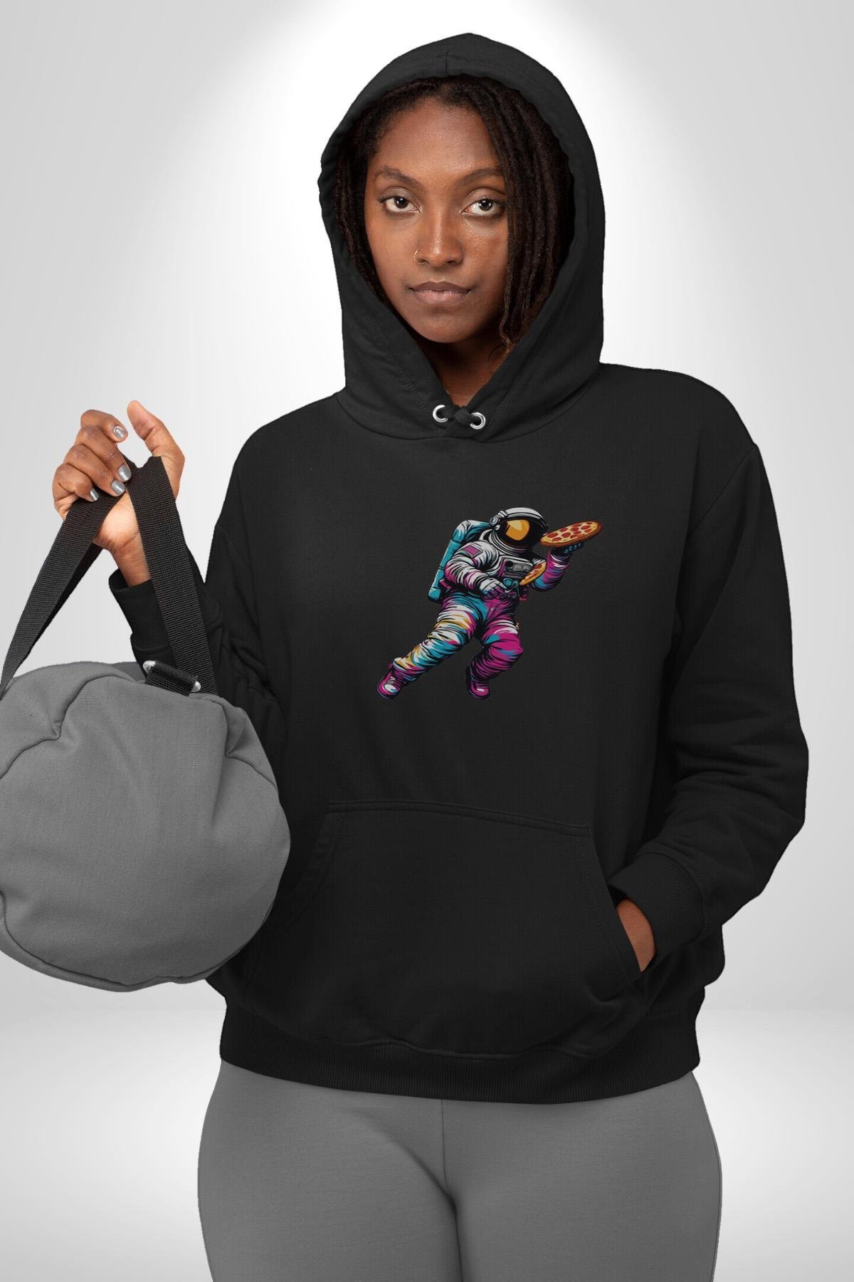 Pizza Servisi Uzay Kurye  Kadın Erkek Çocuk Siyah Kapüşonlu Sweatshirt Hoodie