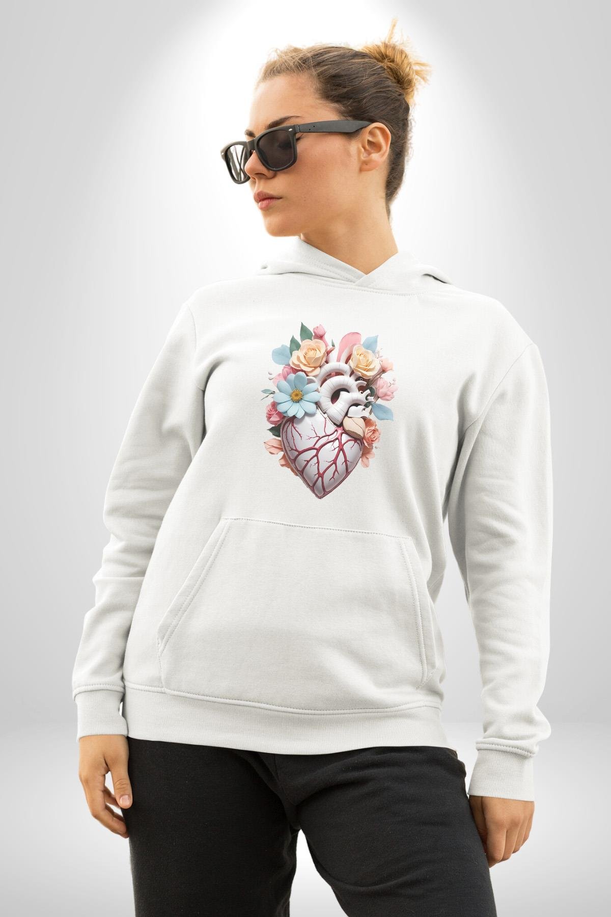 Porselen Çiçek Kalp Kadın Erkek Çocuk Beyaz Kapüşonlu Sweatshirt Hoodie