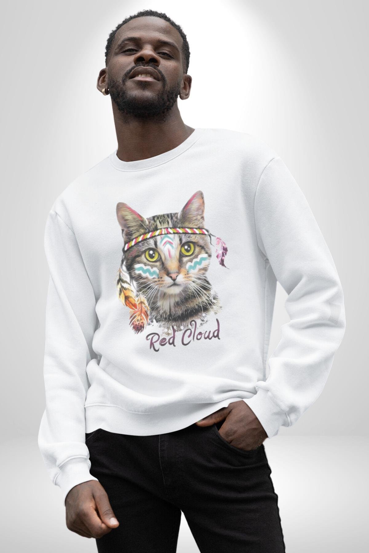 Red Cloud Kedi Hintli Kadın Erkek  Beyaz Baskılı Sweatshirt 