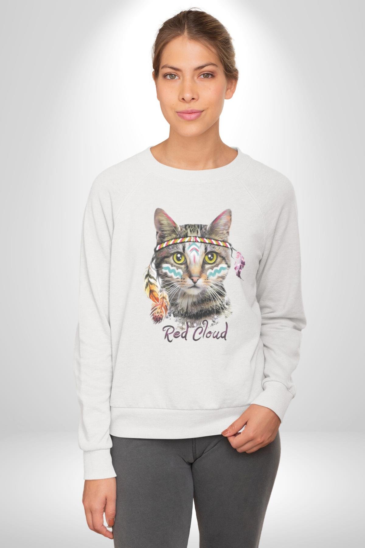 Red Cloud Kedi Hintli Kadın Erkek  Beyaz Baskılı Sweatshirt 