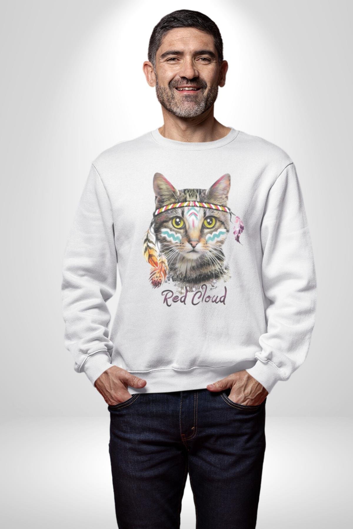 Red Cloud Kedi Hintli Kadın Erkek  Beyaz Baskılı Sweatshirt 