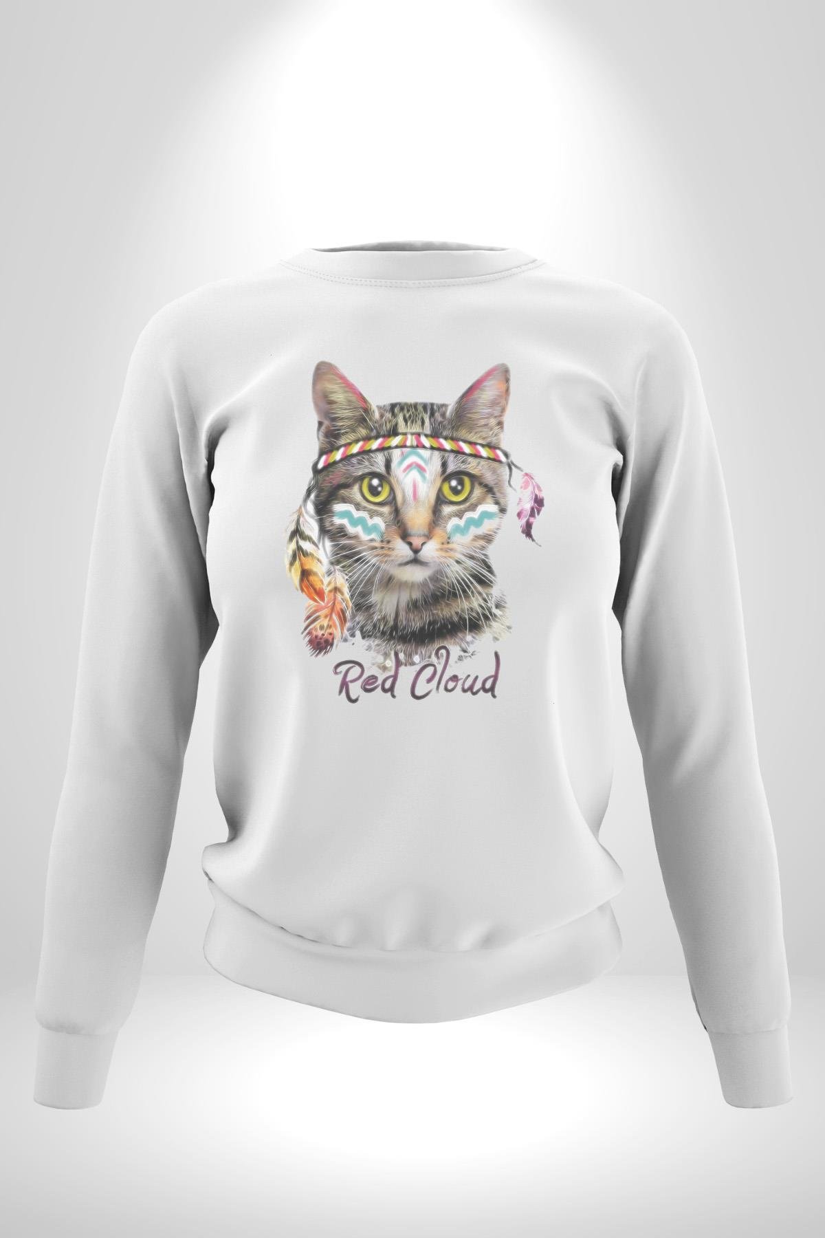 Red Cloud Kedi Hintli Kadın Erkek  Beyaz Baskılı Sweatshirt 