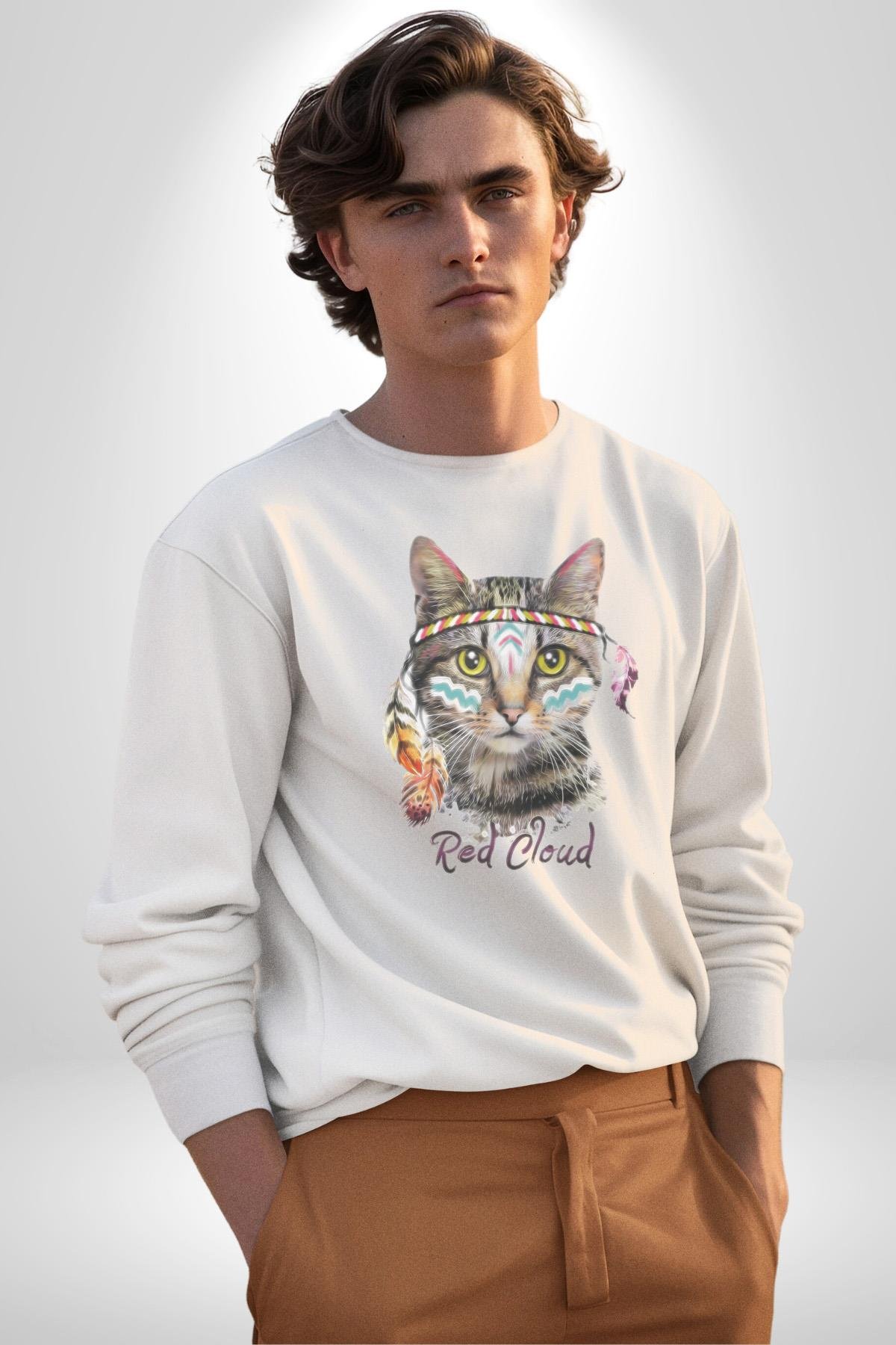 Red Cloud Kedi Hintli Kadın Erkek  Beyaz Baskılı Sweatshirt 