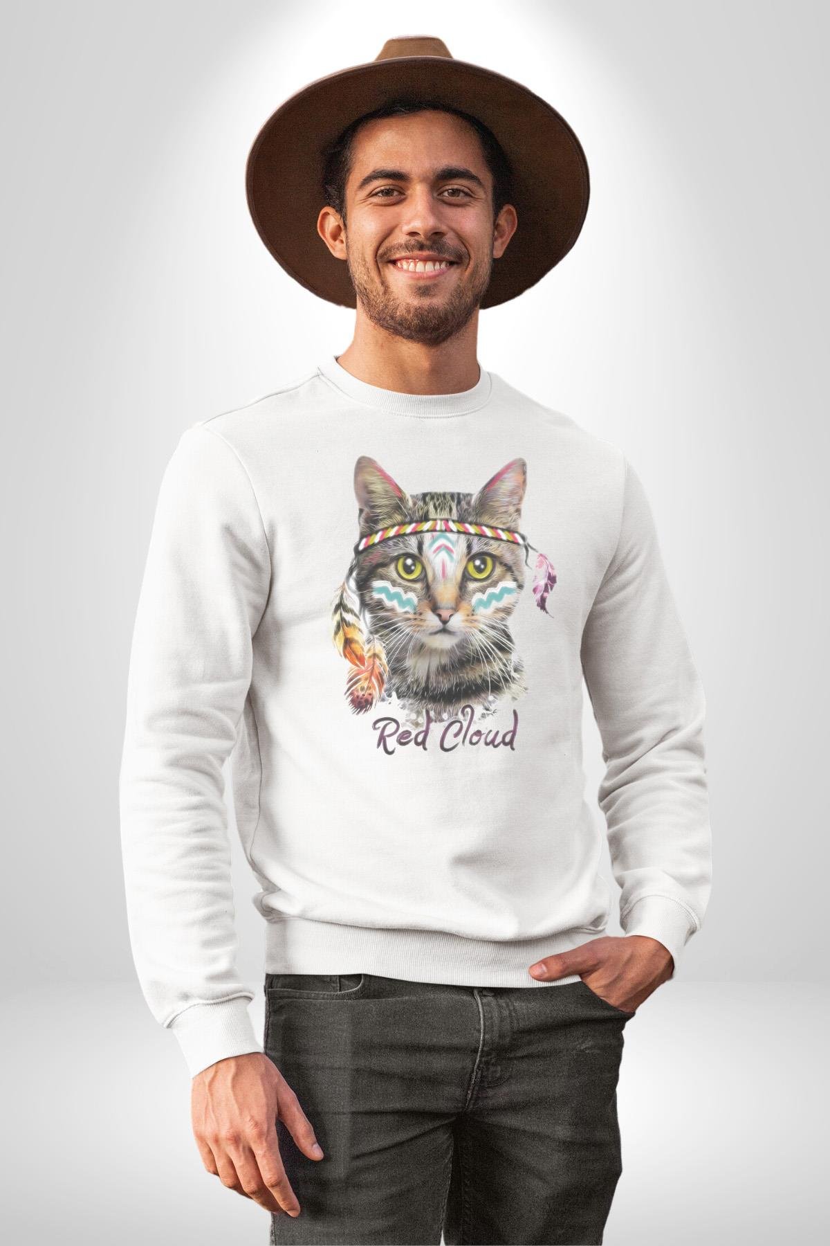Red Cloud Kedi Hintli Kadın Erkek  Beyaz Baskılı Sweatshirt 
