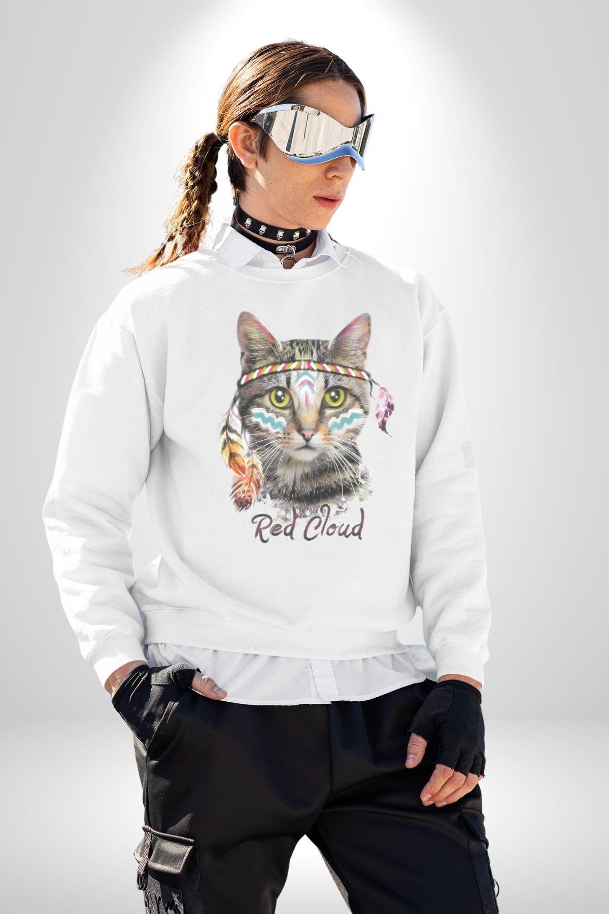 Red Cloud Kedi Hintli Kadın Erkek  Beyaz Baskılı Sweatshirt 